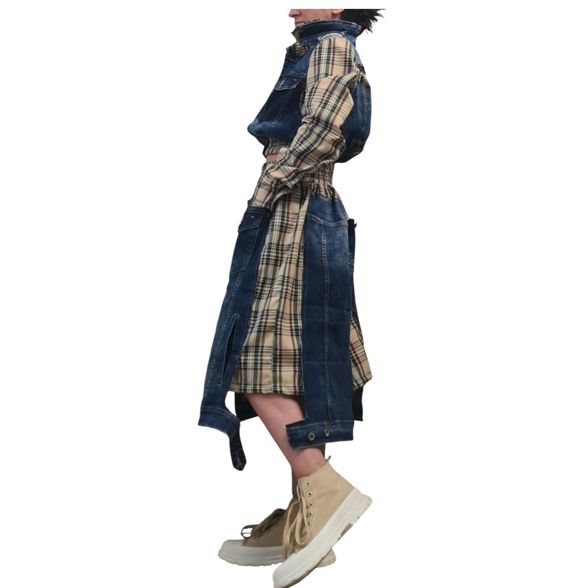 Cotton Denim Plaid Sweatshirt Skirt Set, Extravagant Women Costume