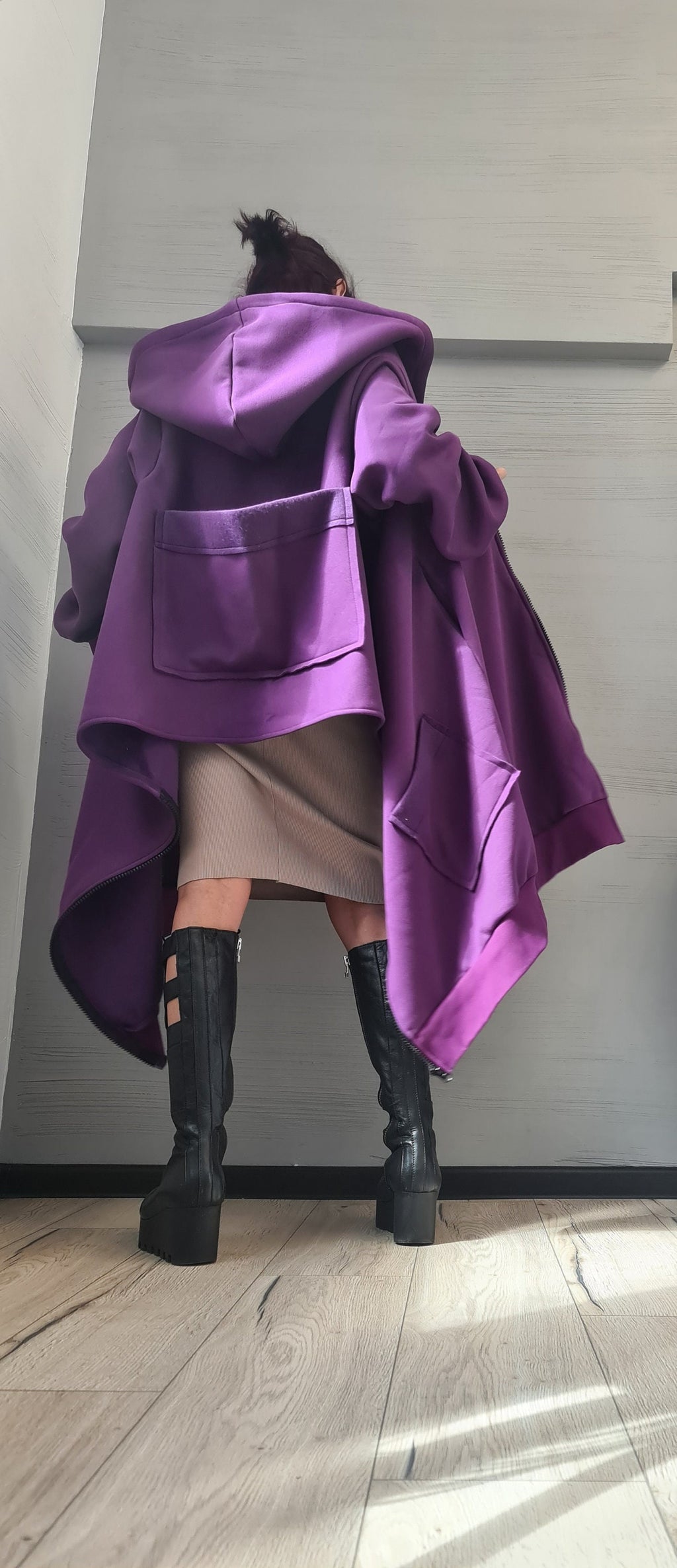 Purple Asymmetric Hooded Sweatshirt, Oversized Cotton Jacket, Longline Zip Up Hoodie