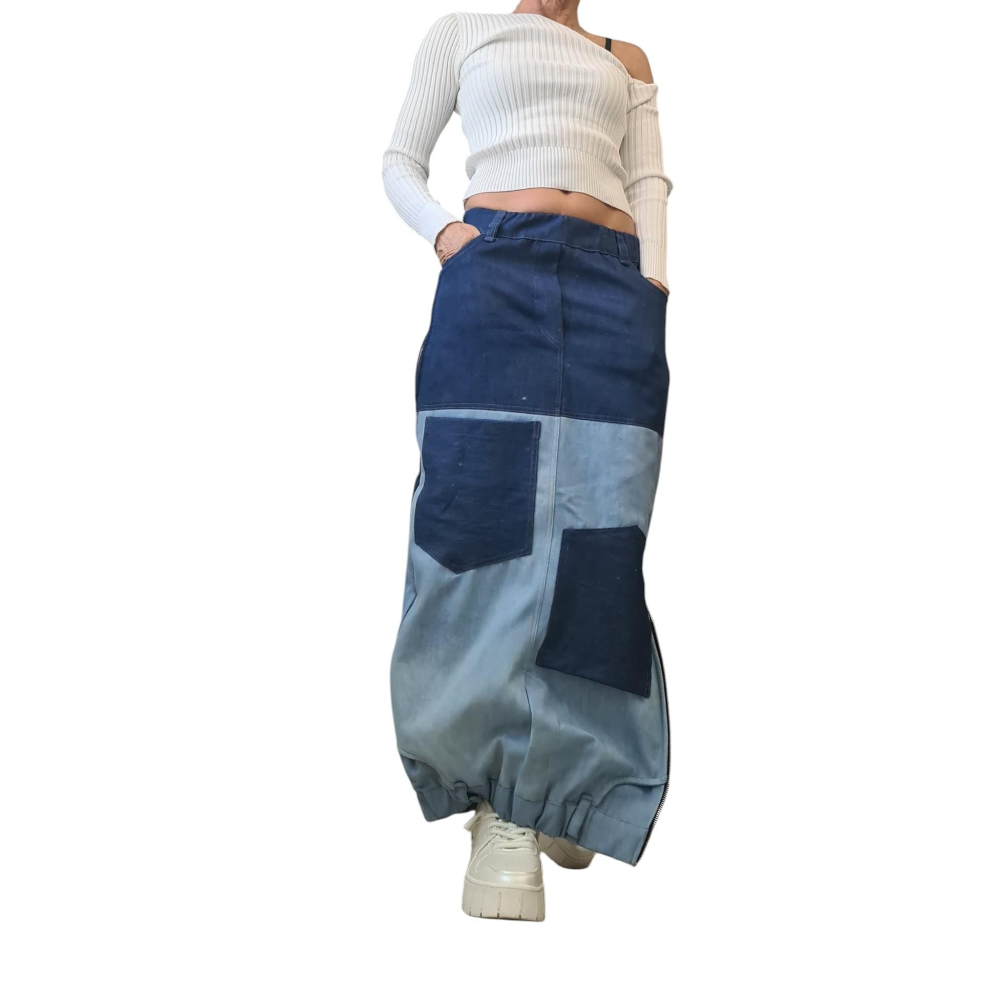 Reversible Two-Tone Denim Maxi Skirt | Handmade Patchwork Skirt, Women’s Clothing