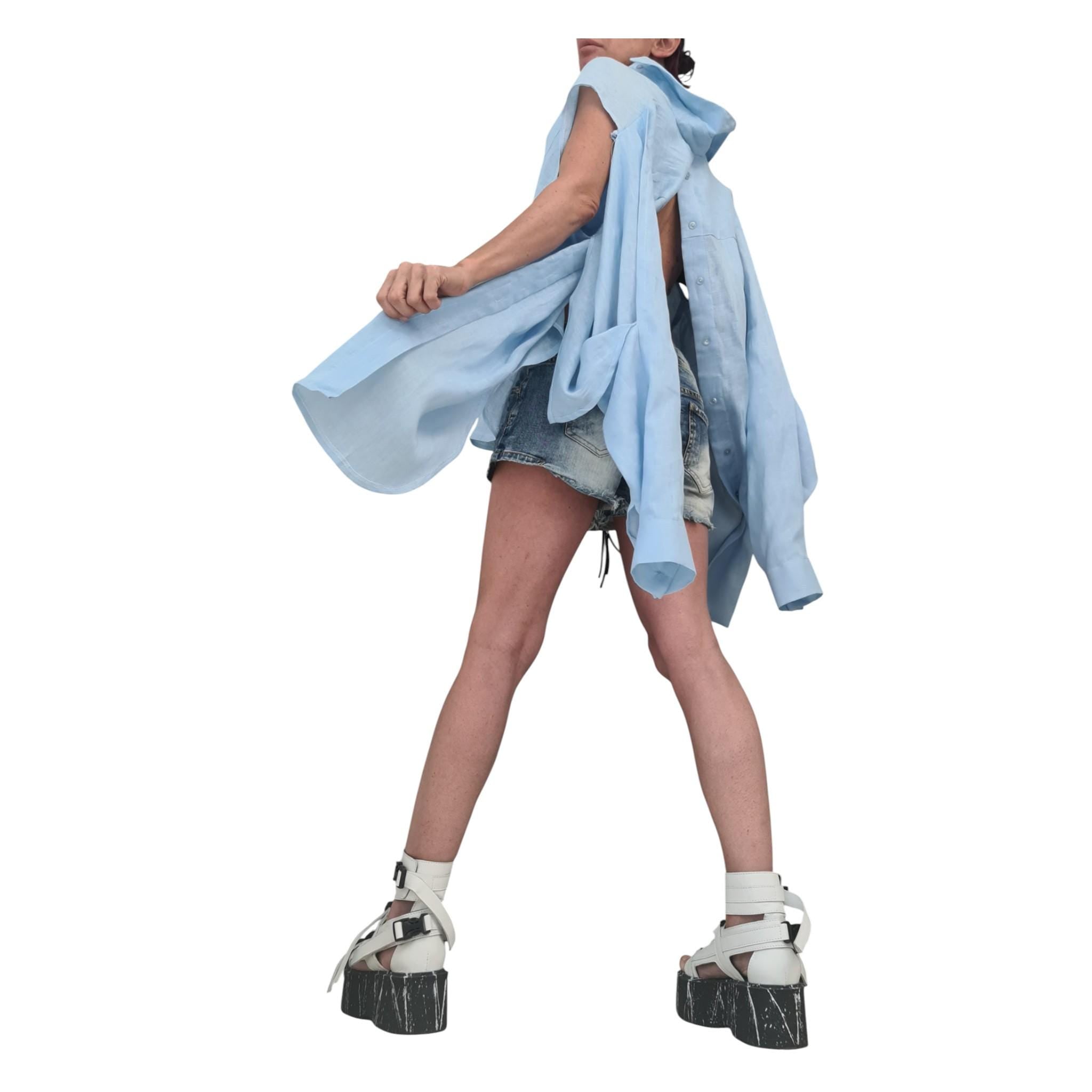 Baby Blue Linen Shirt, Open Back, Loose Summer Top Women