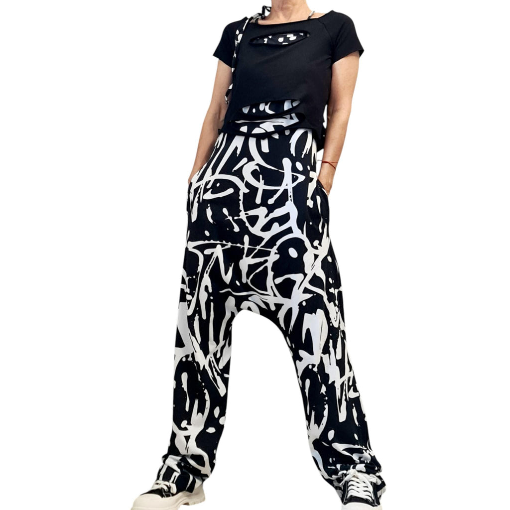 Black White Graffiti Harem Jumpsuit, Loose Drop Crotch Cotton Comfort
