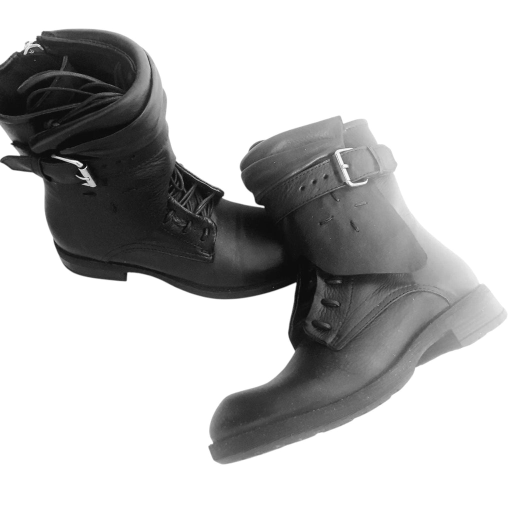 Black Leather Boots, Grunge Gothic Ankle Booties, Steampunk Women Footwear