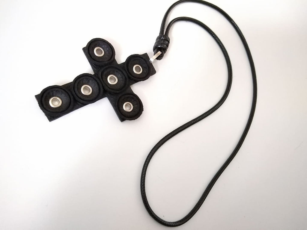 Black Leather Cross Necklace, Gothic Amulet Pendant, Handmade
