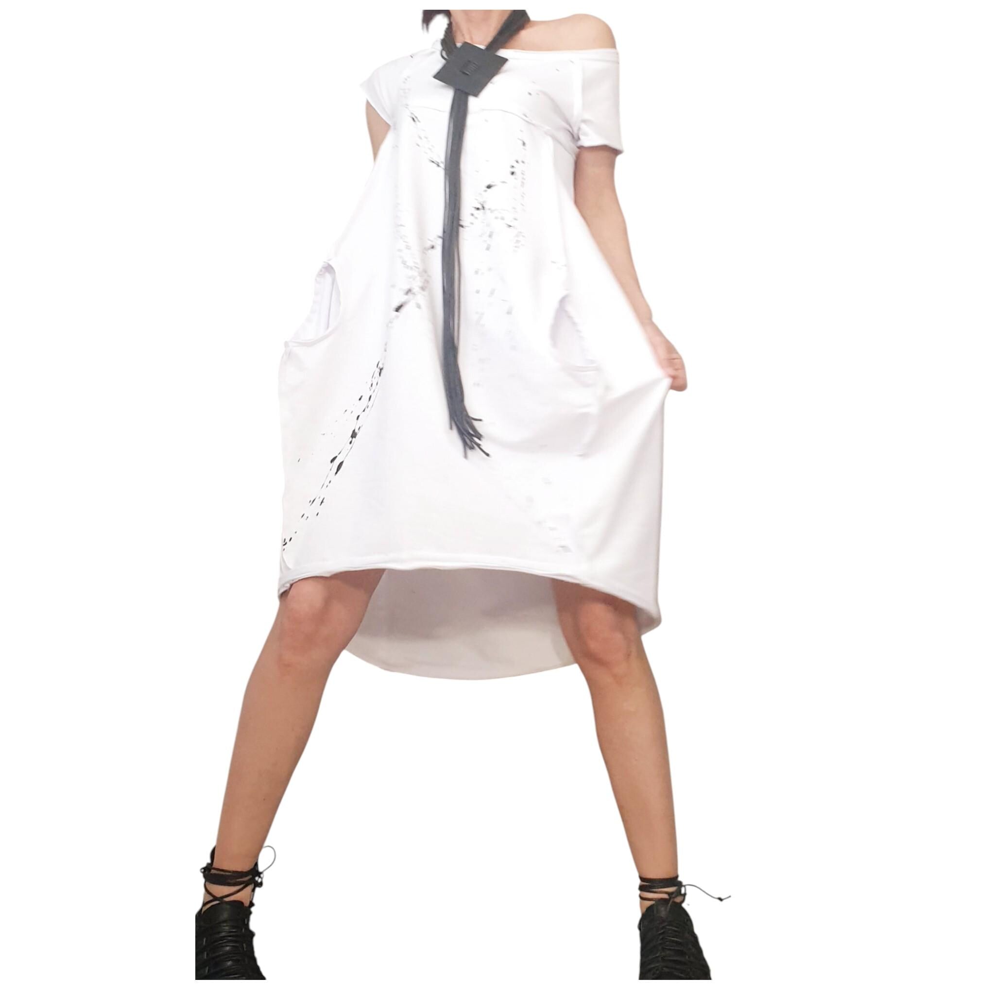 White French Terry Short Sleeve Dress, One Shoulder Oversized Tunic Dress, High Low Silhouette