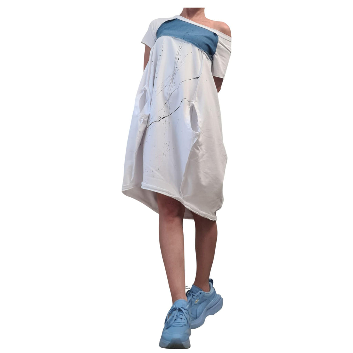 White Extravagant One Shoulder Dress, French Terry Cotton Denim Tunic, Plus Size Asymmetric Dress