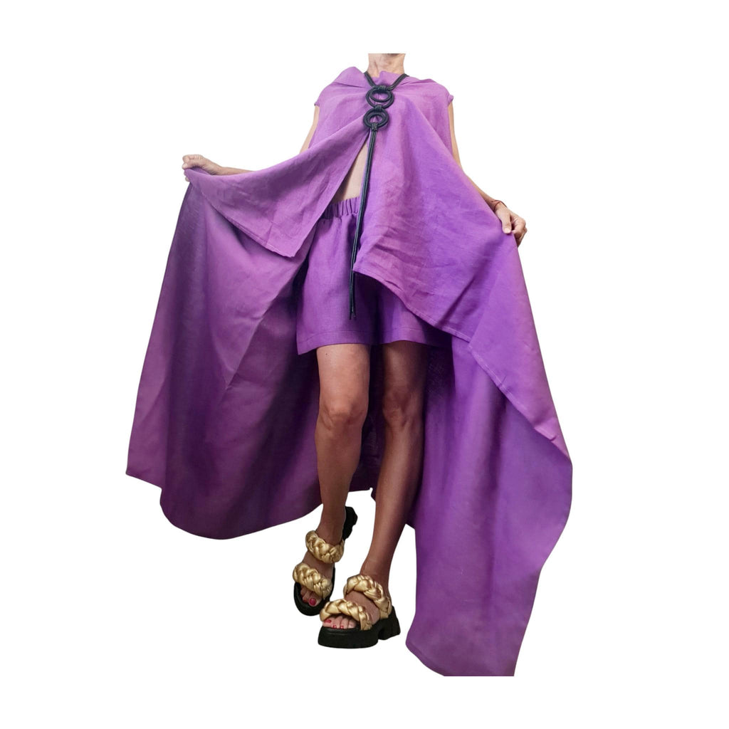 Purple Linen Tunic Shorts Set, Asymmetric Boho Top