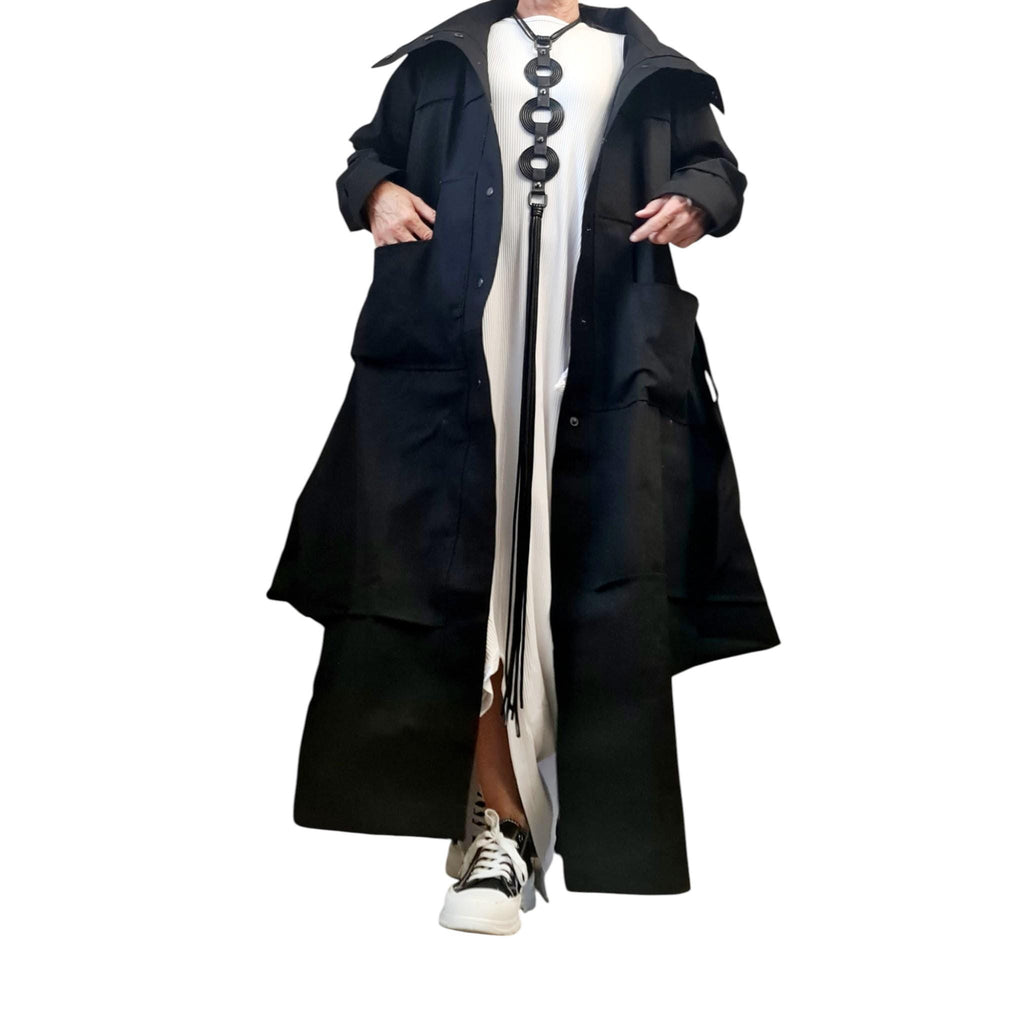 Black Denim Asymmetric Long Trench Coat Oversized Avant Garde Statement Jacket Outfit for Women
