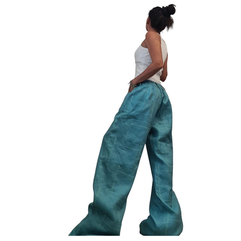 Petrol Blue Wide Leg Pants, Linen Palazzo, Boho Trousers, Designer Pocket Detail