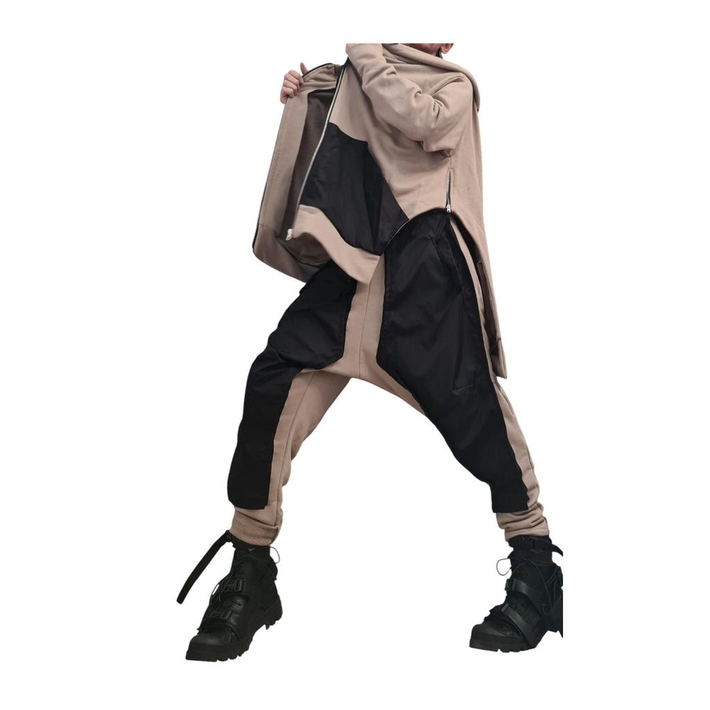Beige Cotton Co-Ord Set, Harem Pants, Asymmetrical Long Sleeve Sweatshirt