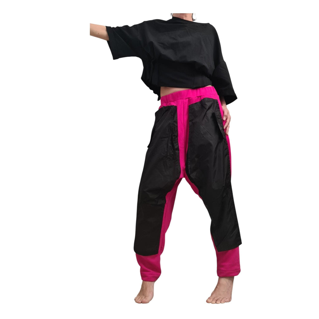 Fuchsia Harem Pants, Black Cargo Pockets, French Terry Tapered Leg Joggers