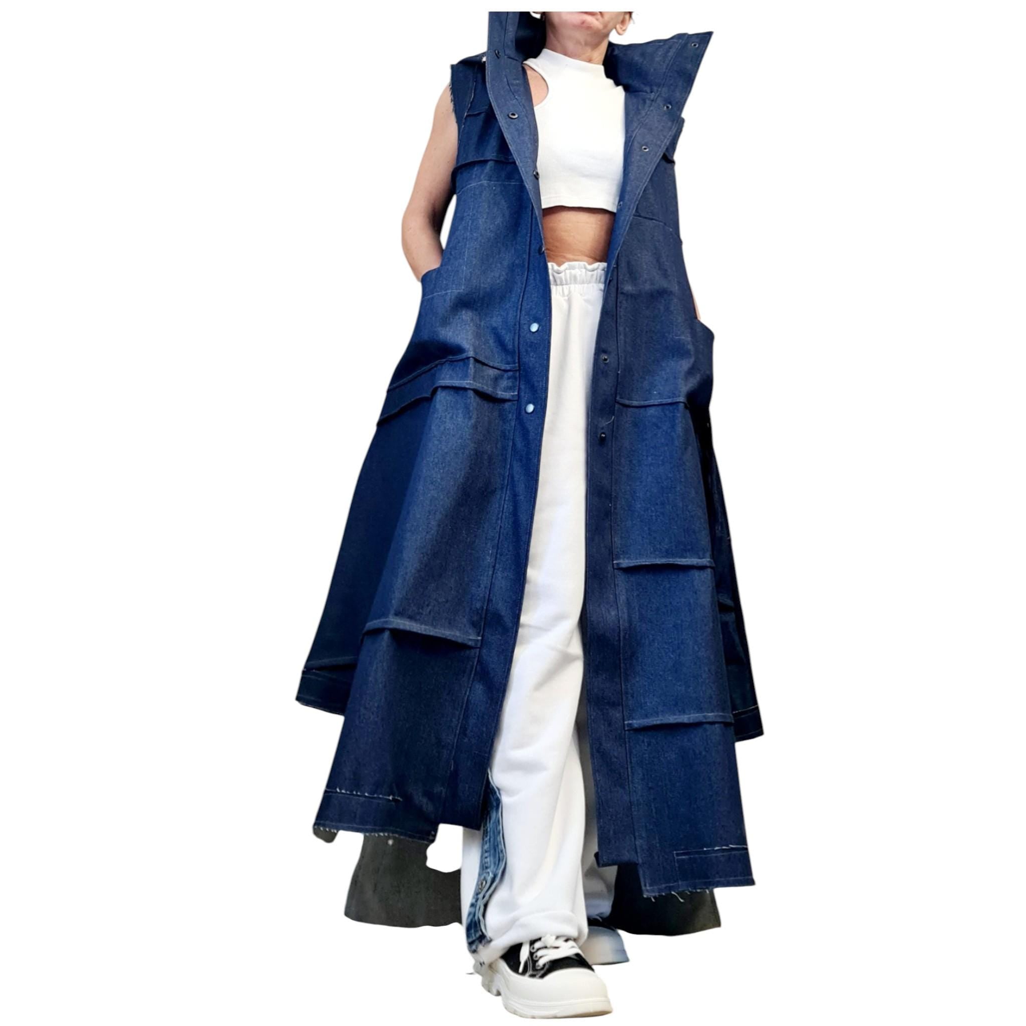 New collection Denim Hooded Vest, Extravagant Long loose Vest, Avant Garde Asymmetric Vest, Sleeveless, DRESSSHOESCODE