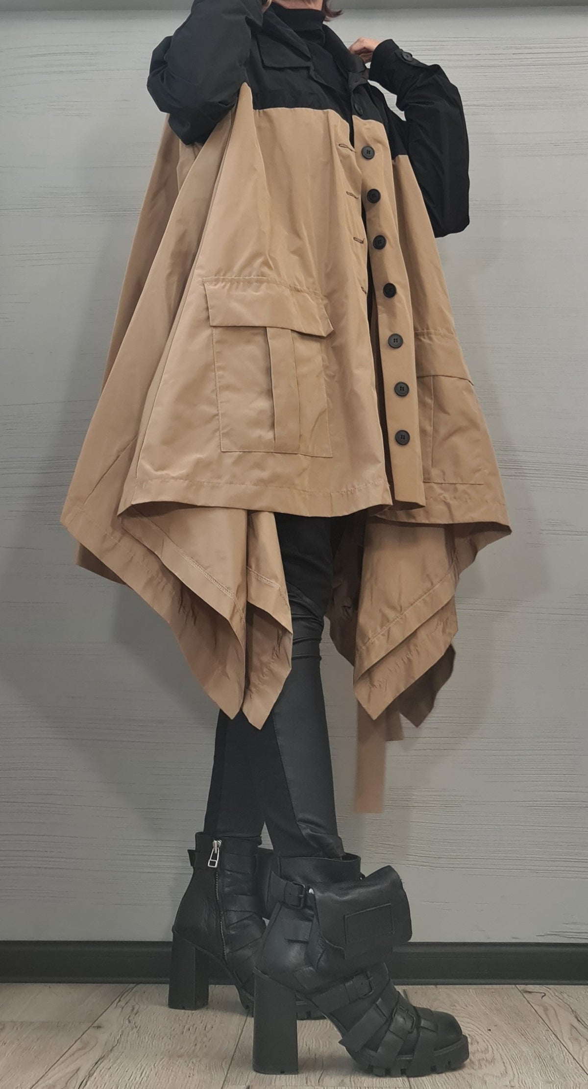 Beige and Black Asymmetrical Hooded Trench Coat, Deconstructed Design, Oversized Patch Pockets