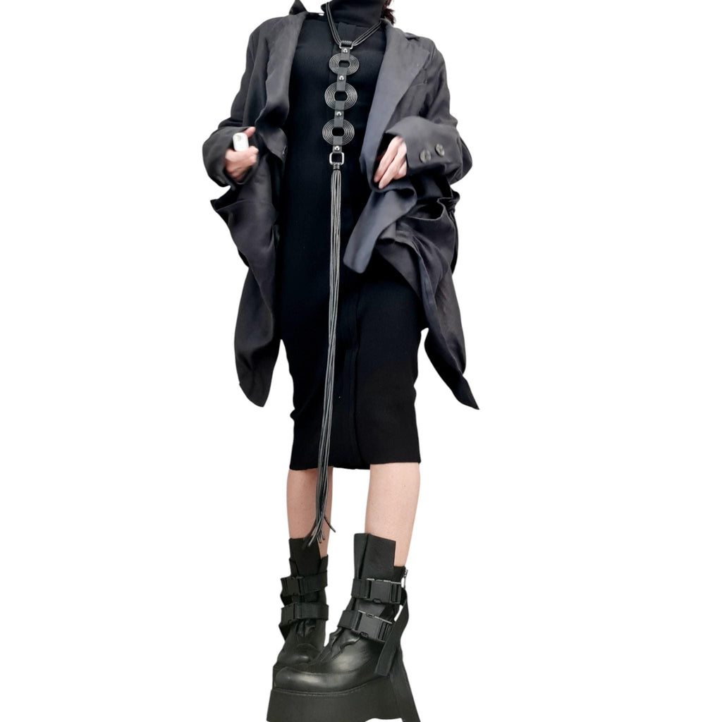 Graphite Linen Asymmetric Blazer | Long Front Open Back Womens Designer Statement Outerwear