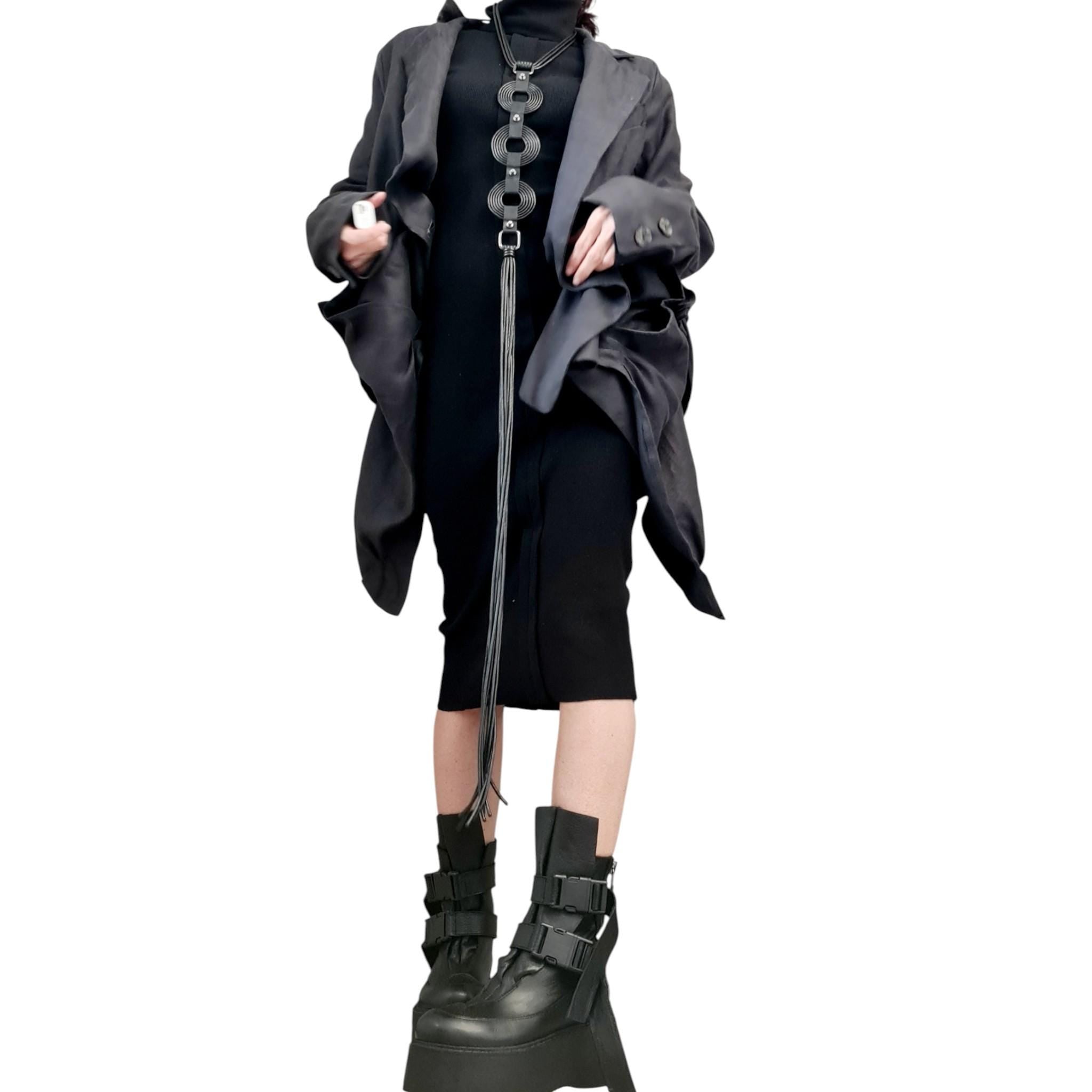 Graphite Linen Asymmetric Blazer | Long Front Open Back Womens Designer Statement Outerwear