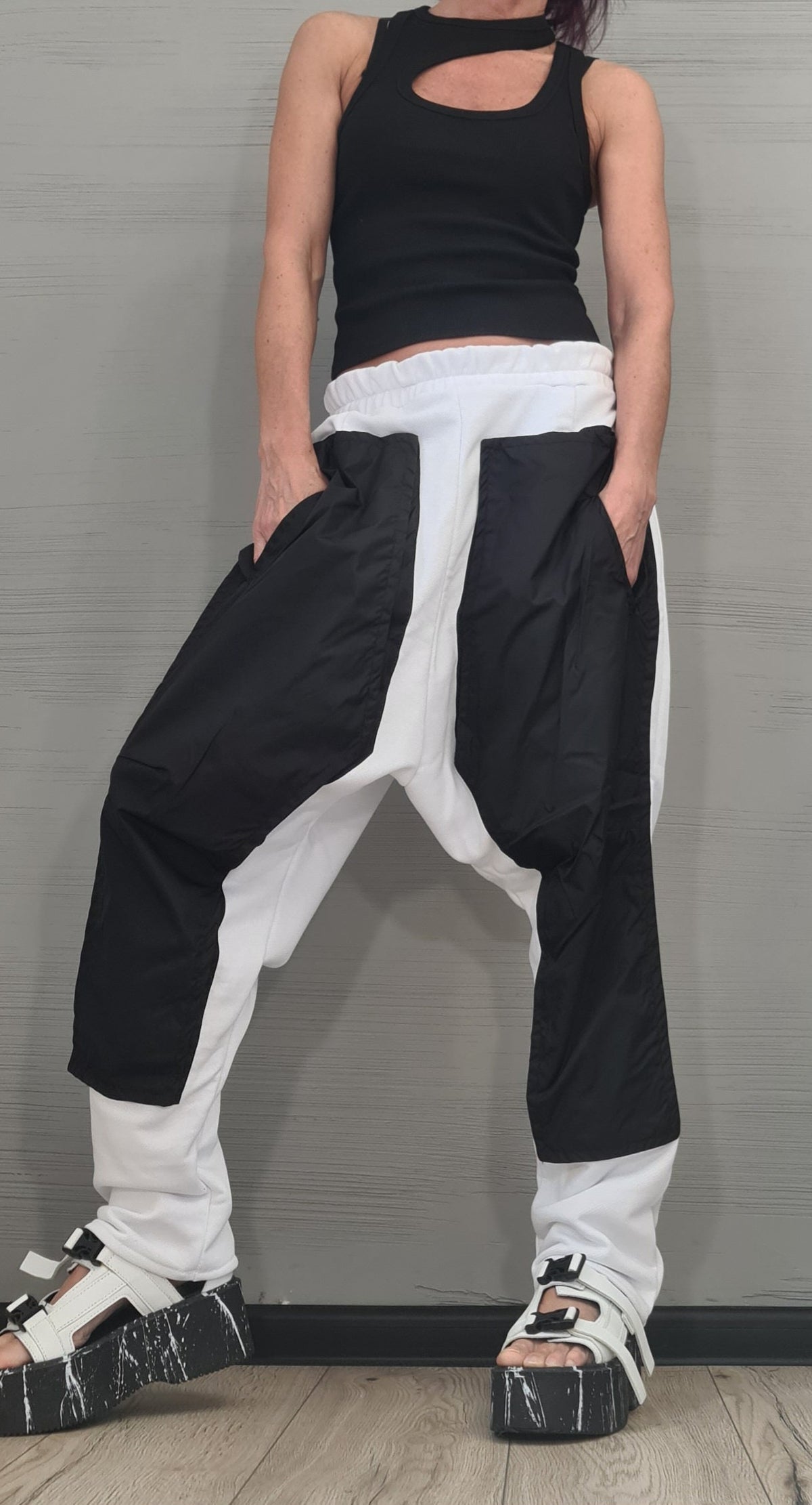 Black White Cotton Drop Crotch Pants, Asymmetrical Zip Hoodie, Contrast Panels, Two-Piece Co-Ord Set