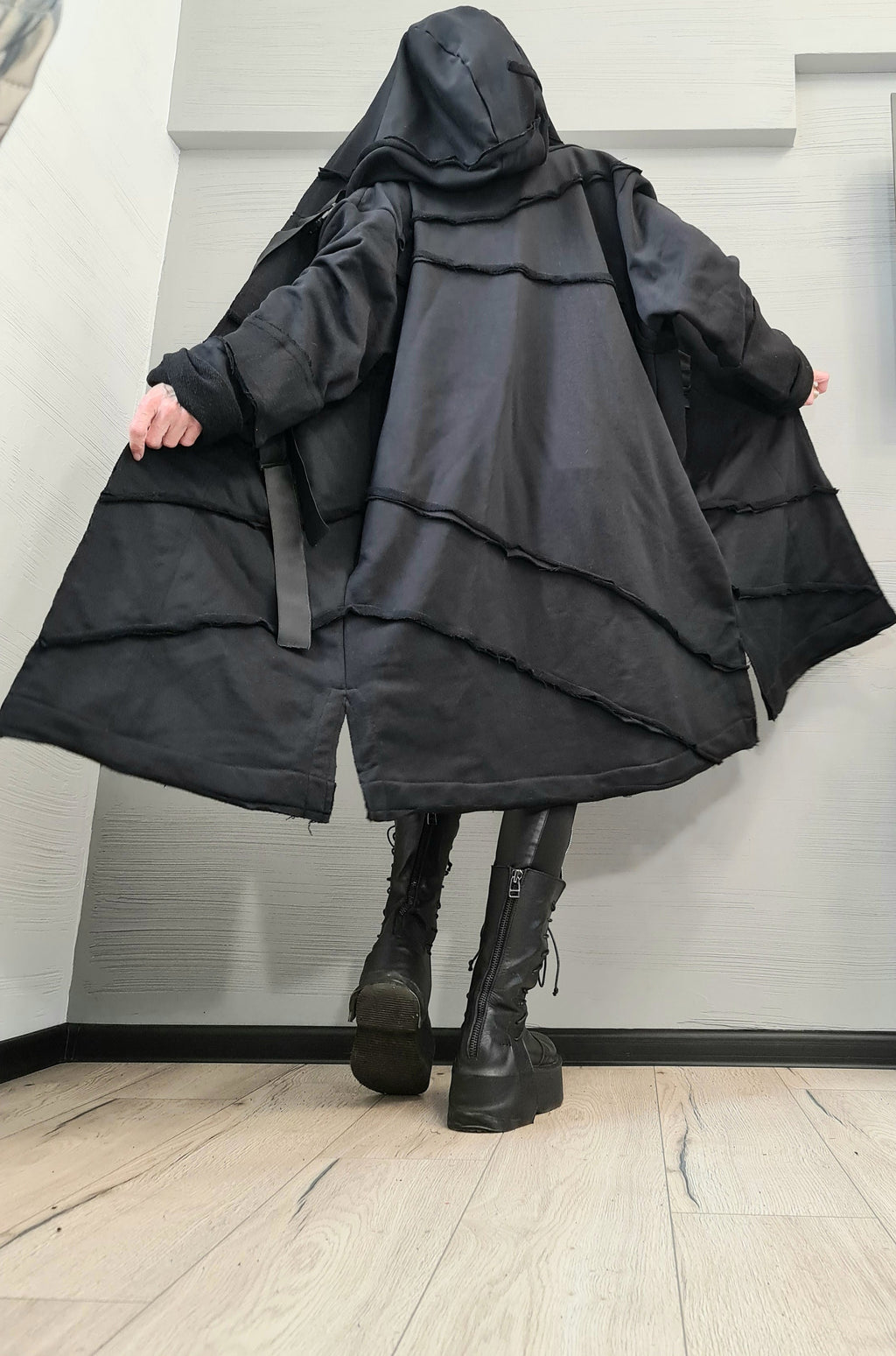 Black Oversized Hooded Vest, Long Asymmetric Sleeveless Coat, Layered Hem, Plus Size