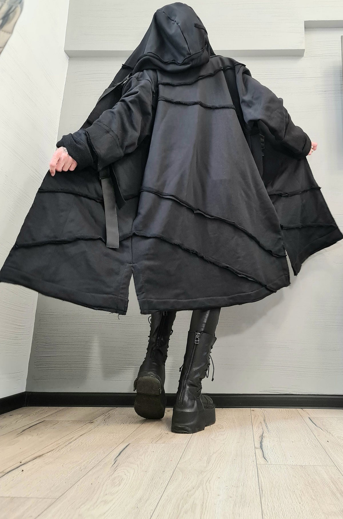 Black Oversized Hooded Vest, Long Asymmetric Sleeveless Coat, Layered Hem, Plus Size