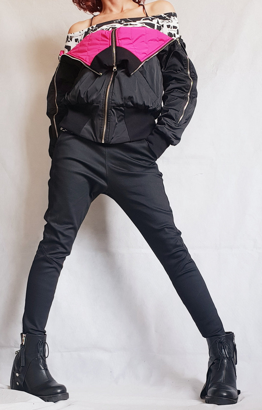 Black and Pink Cropped Winter Bomber Jacket, Oversized Fold Over Collar, Back Zip Detail