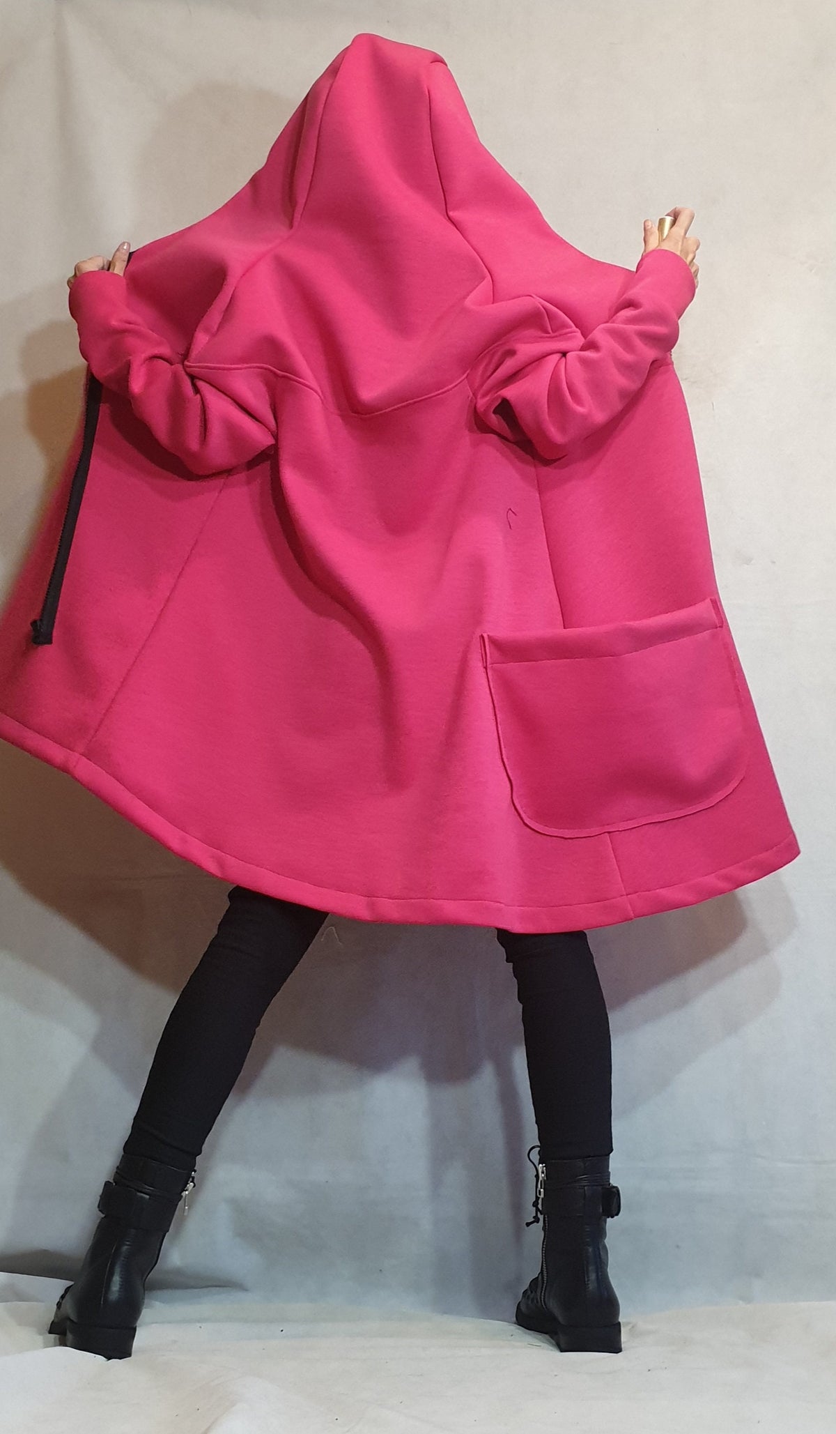 Hot Pink Asymmetric Cotton Hoodie, Diagonal Zip, Oversized Hood and Patch Pocket, Plus Size