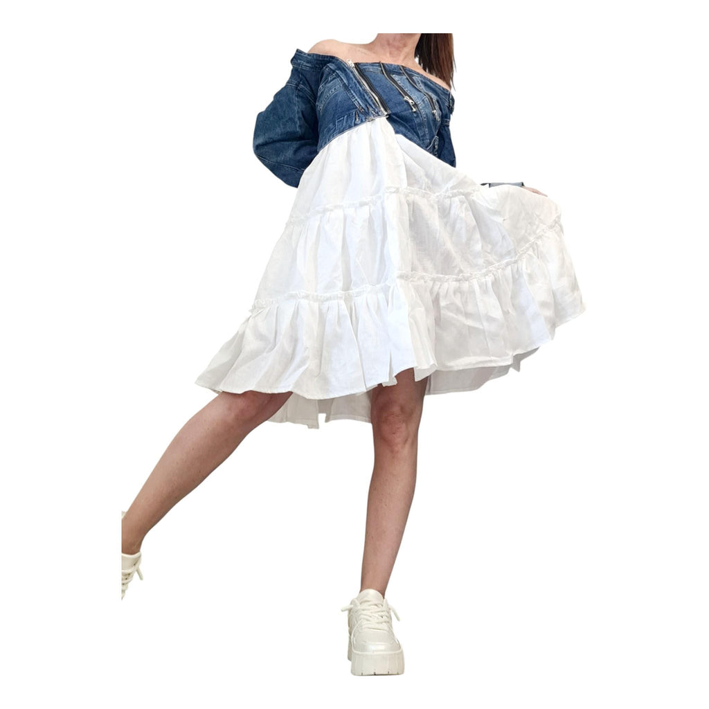 White Linen Dress with Denim Top, Off Shoulder Asymmetric Ruffle Dress