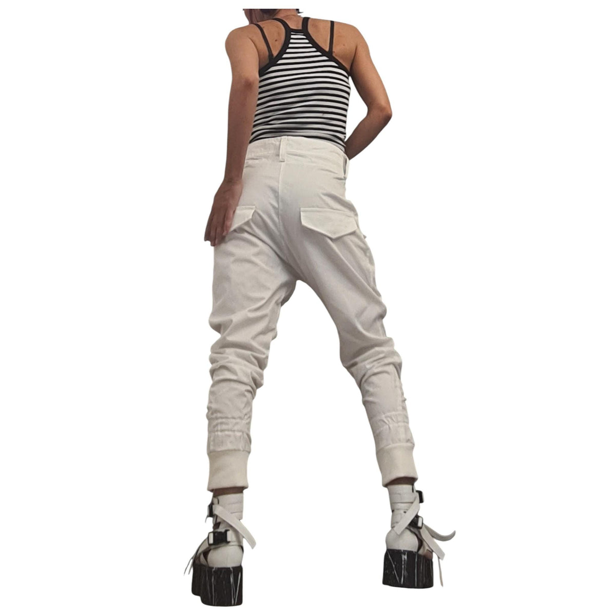 White Cargo Harem Pants, Drop Crotch Tapered Leg, Alternative Bridal Outfit