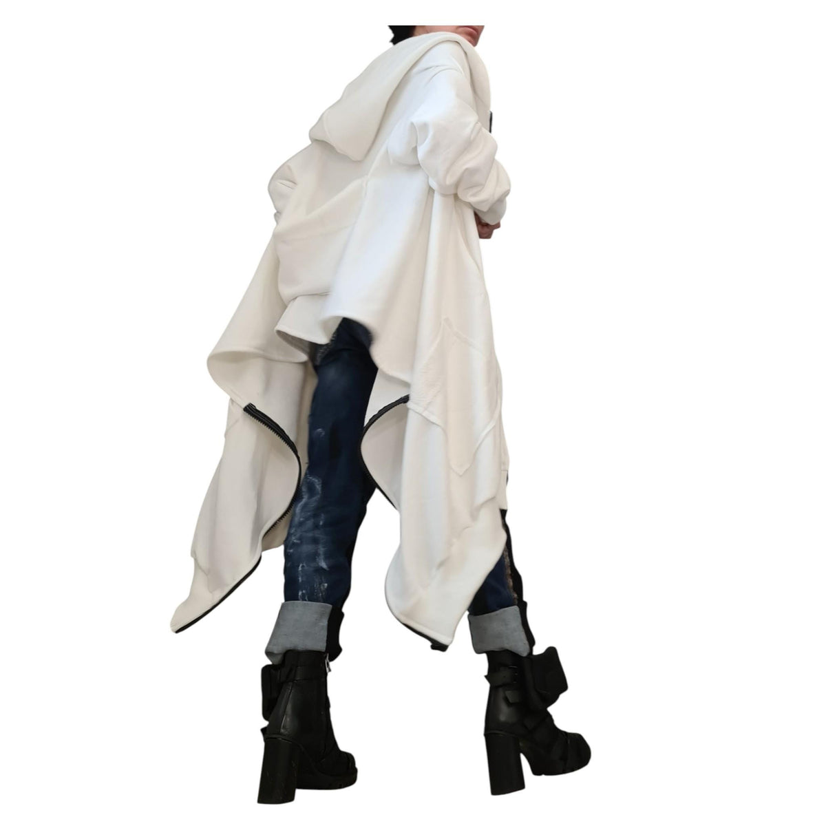 White Asymmetric Hooded Sweatshirt, Oversized Cotton Jacket, Longline Zip Up Hoodie