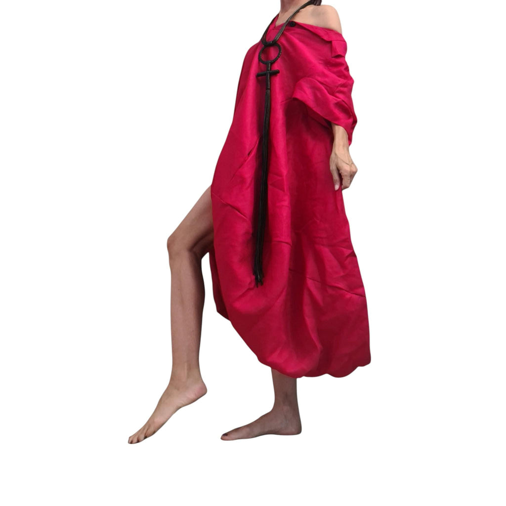 Red Oversized Linen Tunic Dress | Voluminous Mid Calf Length