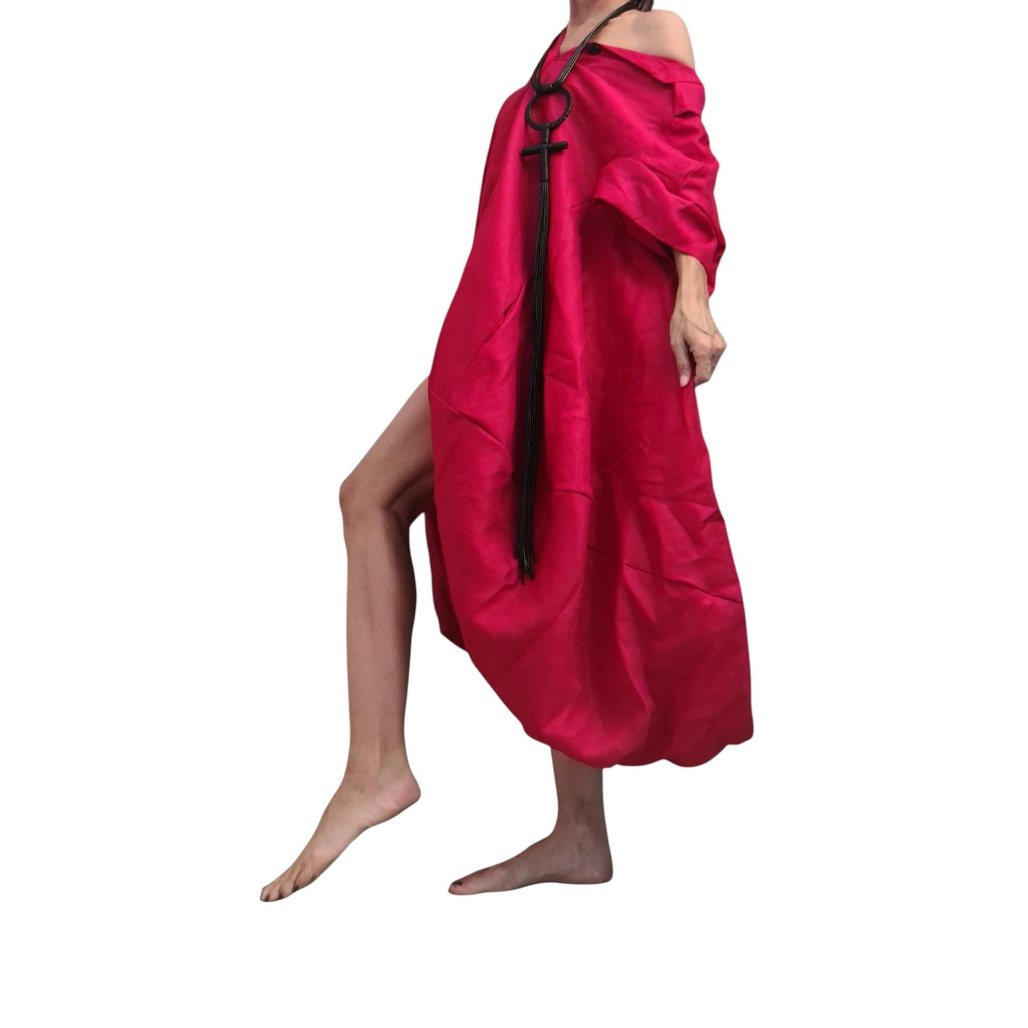 Red Oversized Linen Tunic Dress | Voluminous Mid Calf Length