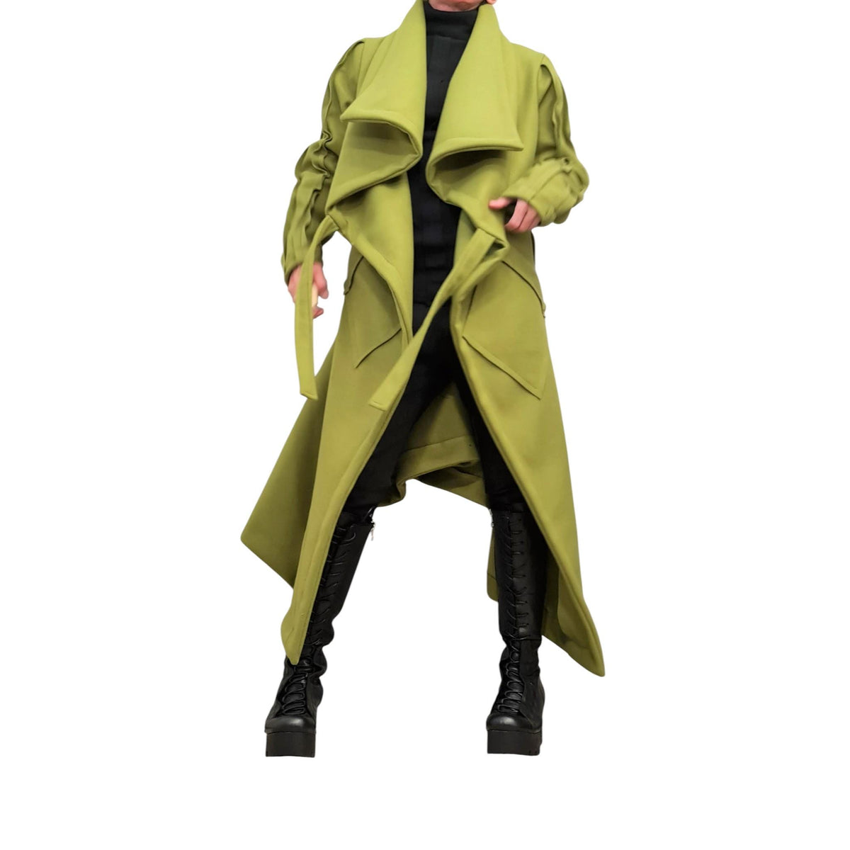 Pistachio Asymmetric Wool Blend Trench Coat, Oversized Wrap Design with Belt, Plus Size