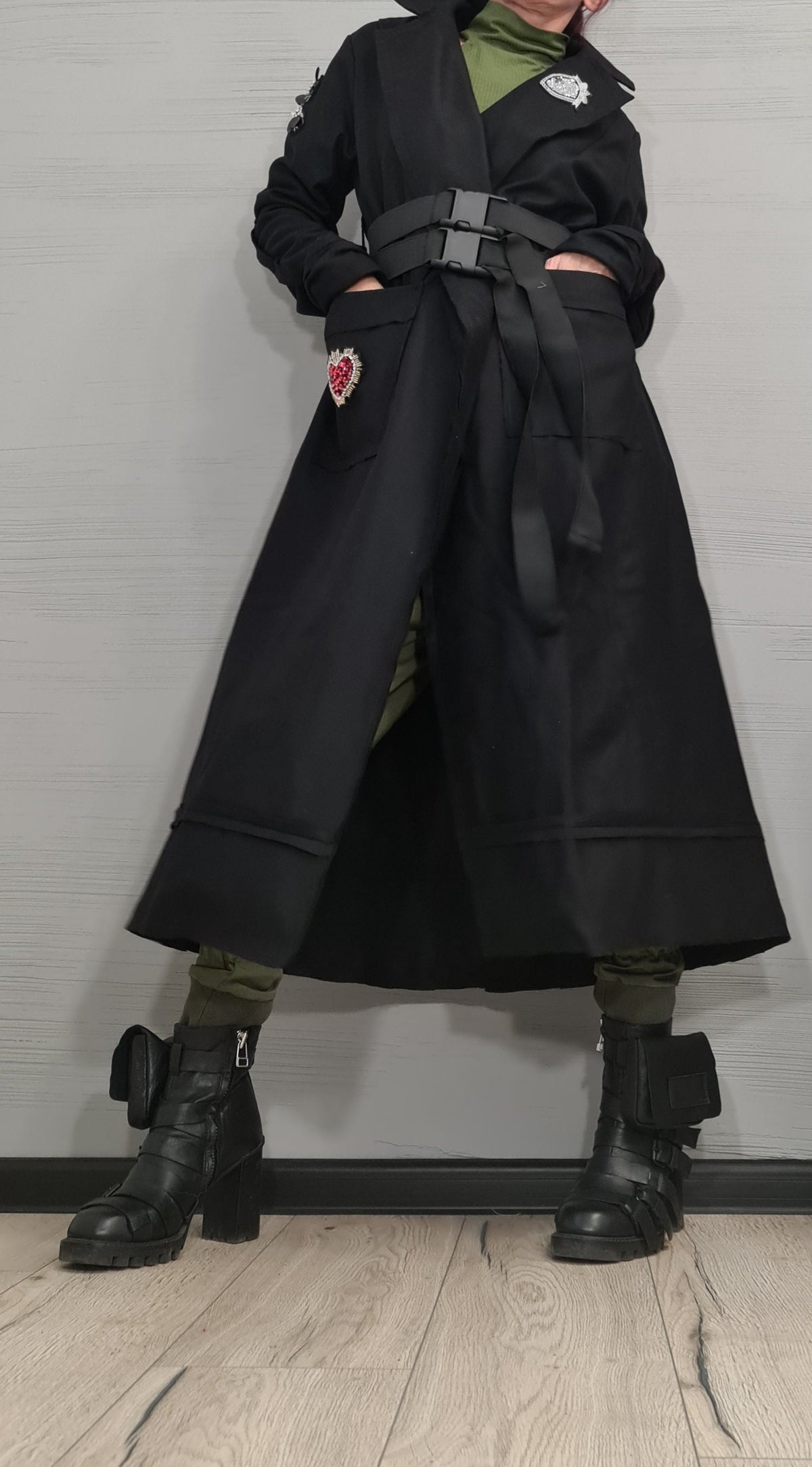 Black Asymmetrical Maxi Coat, Double Buckle Belt, Decorative Appliqués, Flared Winter Overcoat