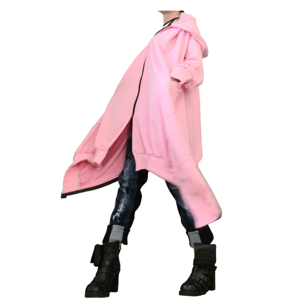Pink Asymmetrical Hooded Sweatshirt, Cropped Back Cotton Jacket, Long Side Panels