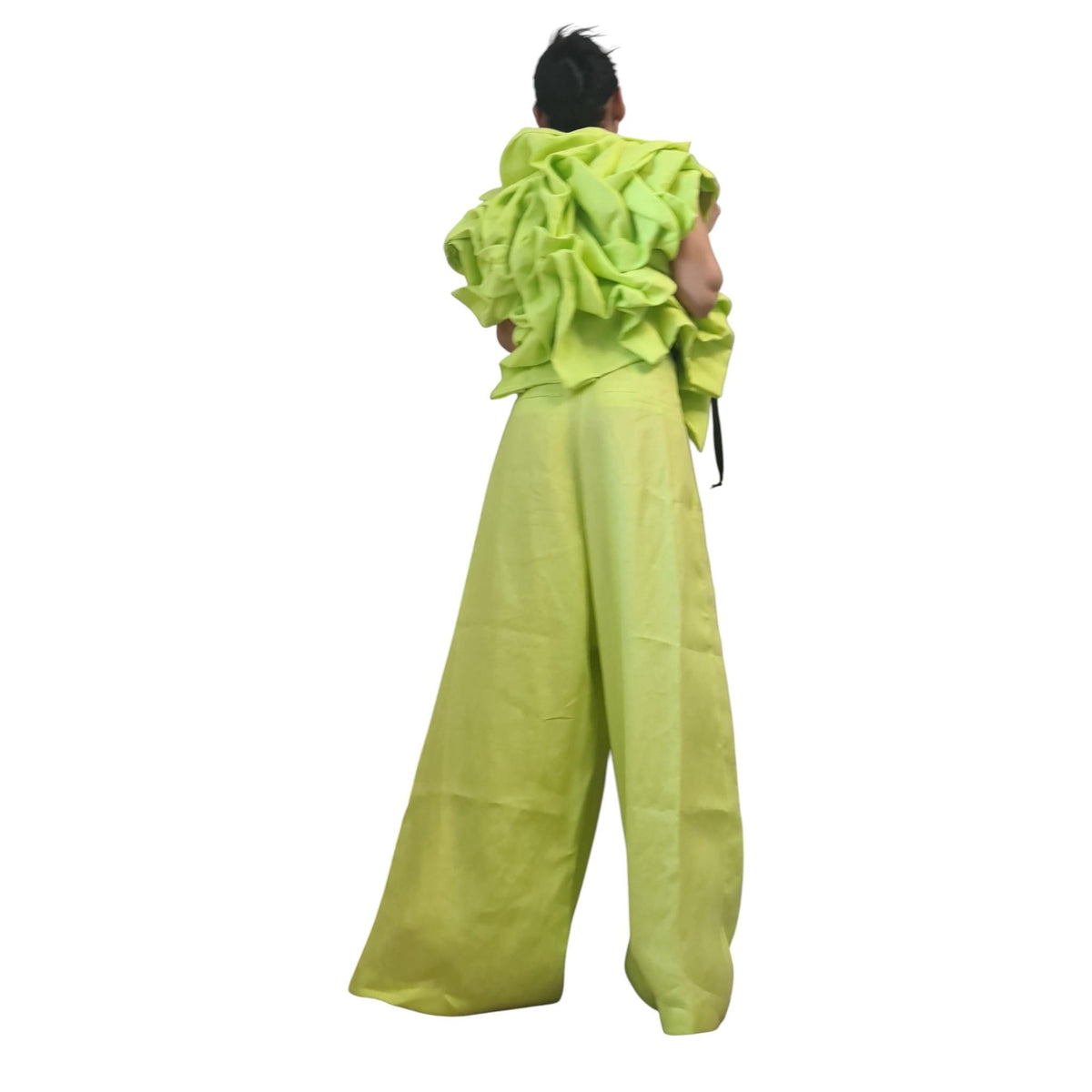 Lime Green Linen Asymmetric Short Jacket Sleeveless Gathered Womens Avant Garde Clothing