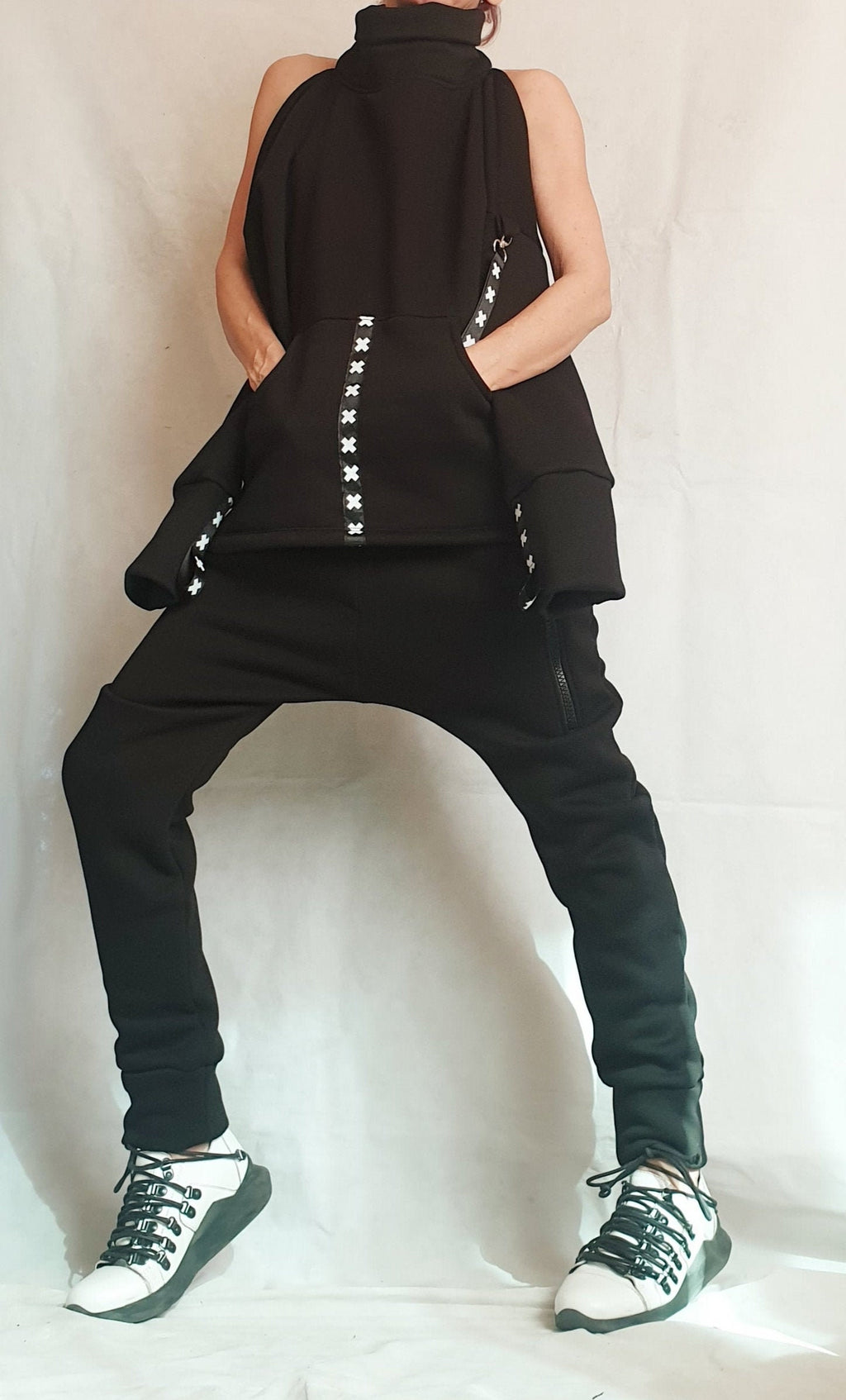 Black Cotton Tapered Drop Crotch Harem Pants, Open Back Blouse, Two Piece Co-Ord Set