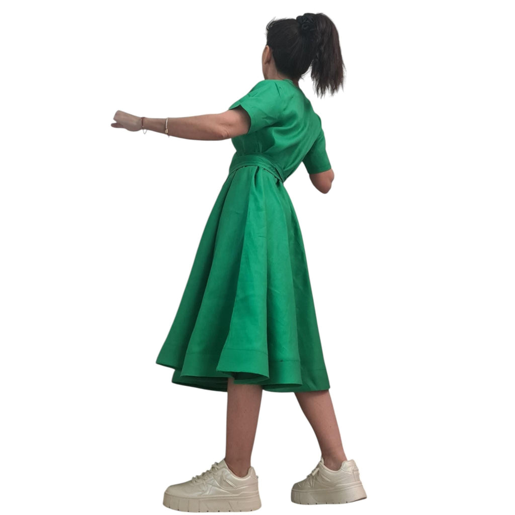 Green Linen Wrap Dress for Women, Knee Length, Short Sleeve Plus Size Summer Clothing