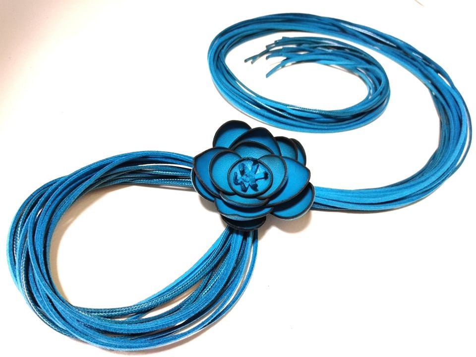 Blue Leather Flower Necklace, Handmade Avant Garde Long Necklace