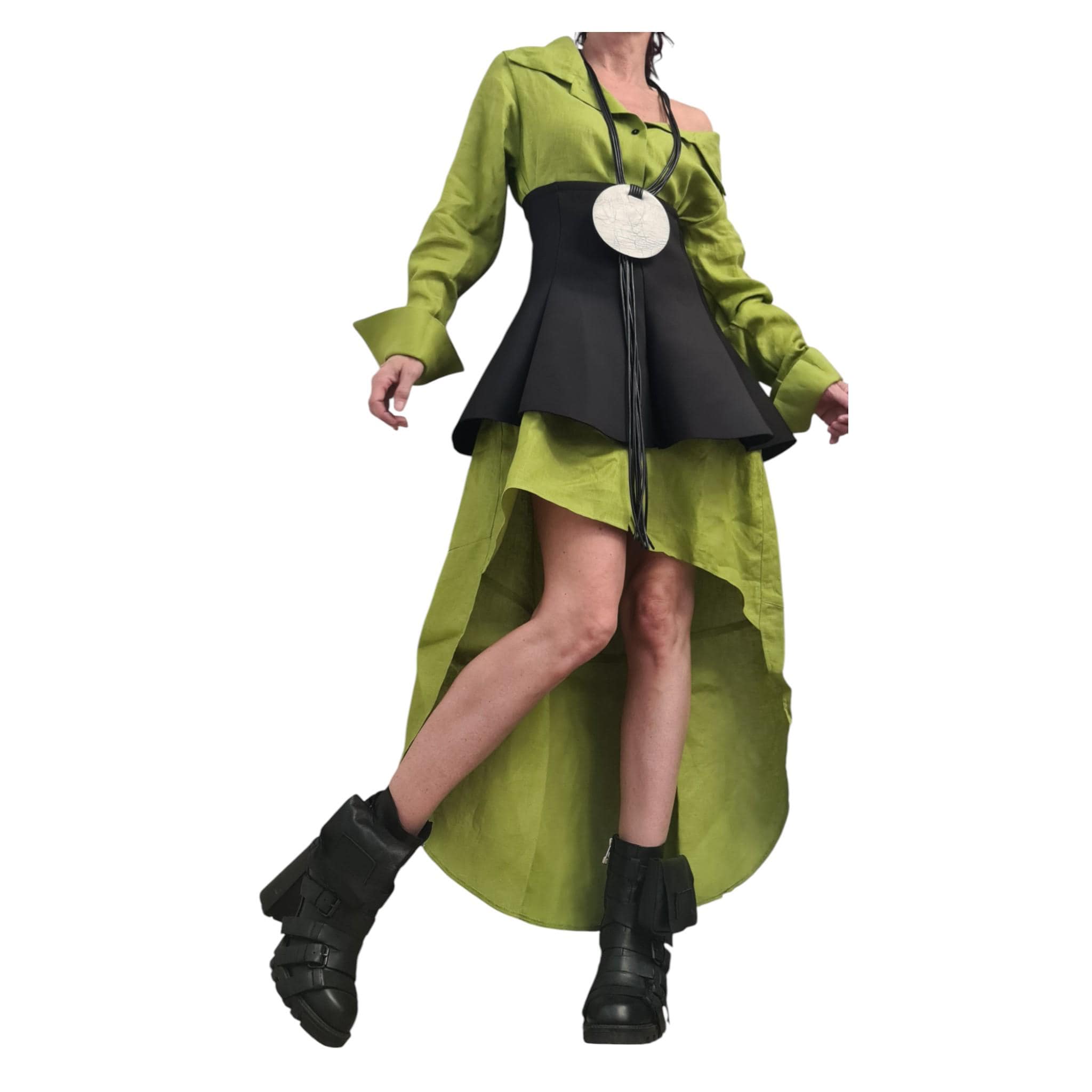 Pistachio Linen Shirt Dress with Neoprene Corset, High Low Hem, Asymmetric Handmade Tunic Dress