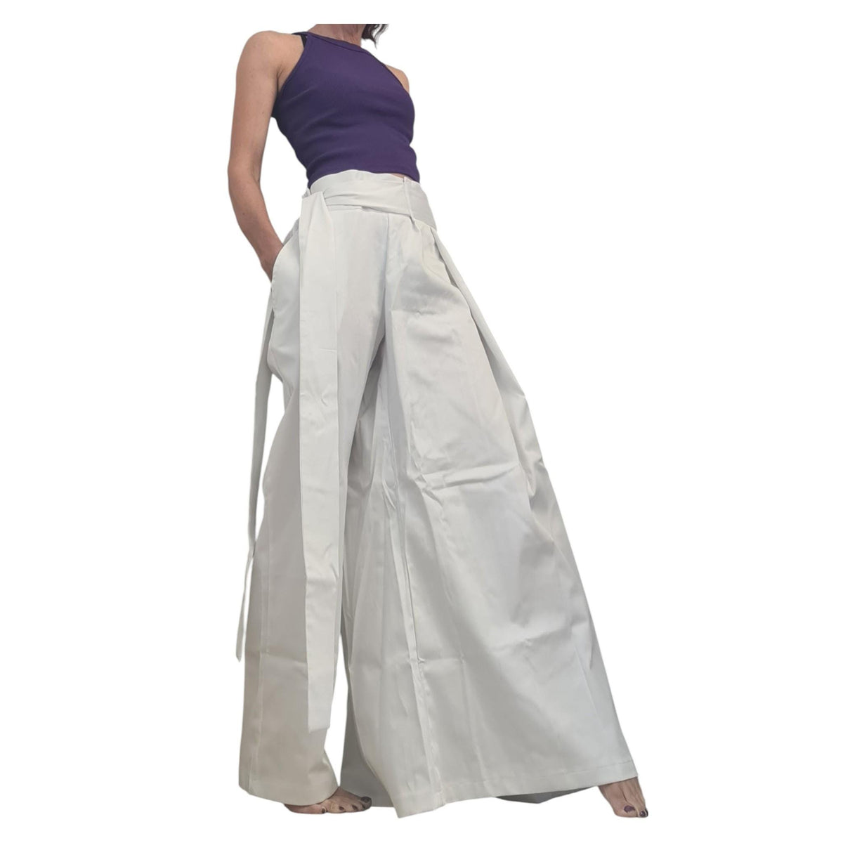 White Asymmetric Pants, One Wide Leg, Cotton Trousers, Alternative Wedding
