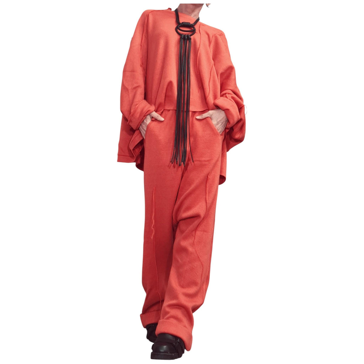 Orange Knit Deep Drop Crotch Harem Pants, Oversized Asymmetrical Blouse, Raw Edges, Co-Ord Set