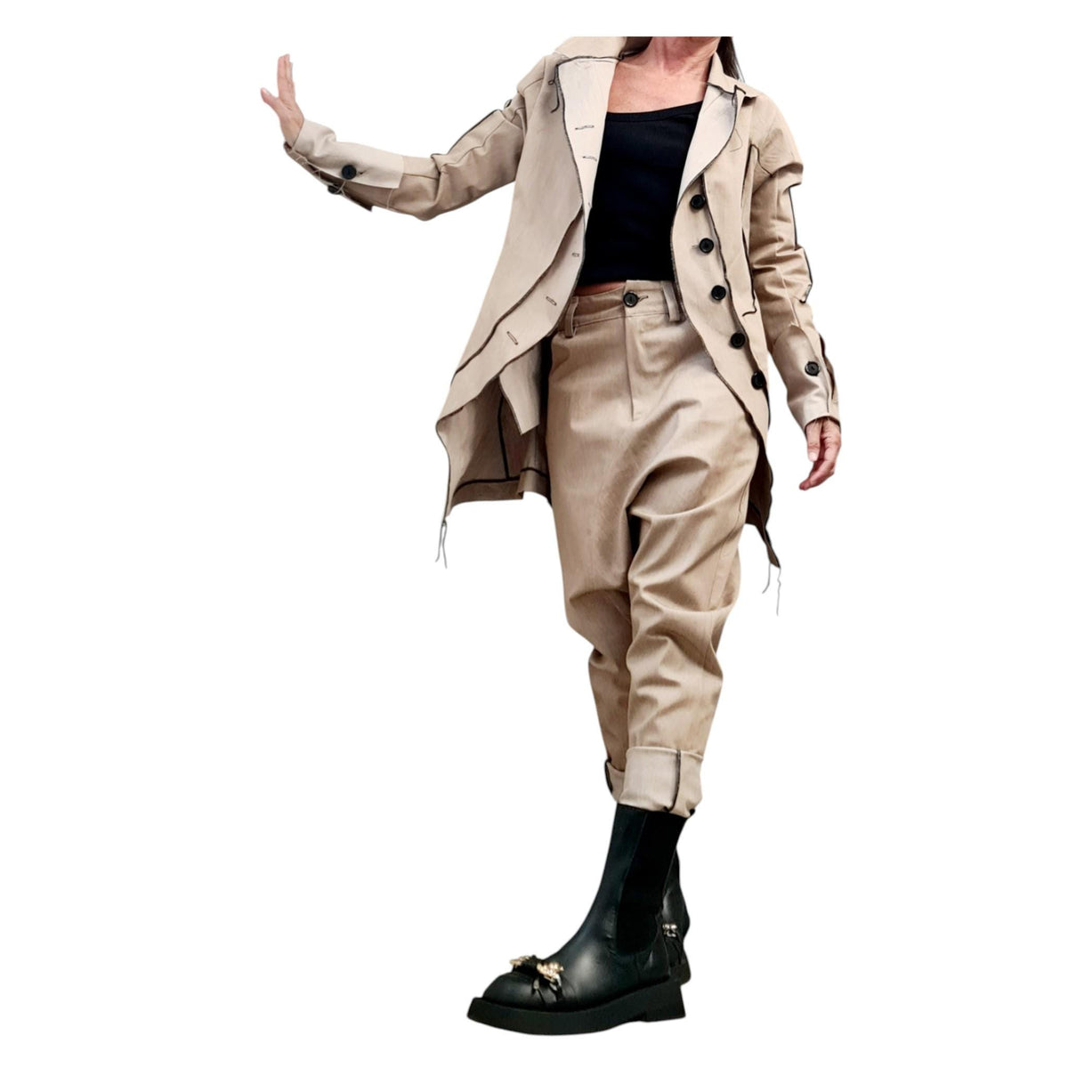 Extravagant Denim Women Costume, Asymmetric Avant Garde Blazer, Cargo Pants
