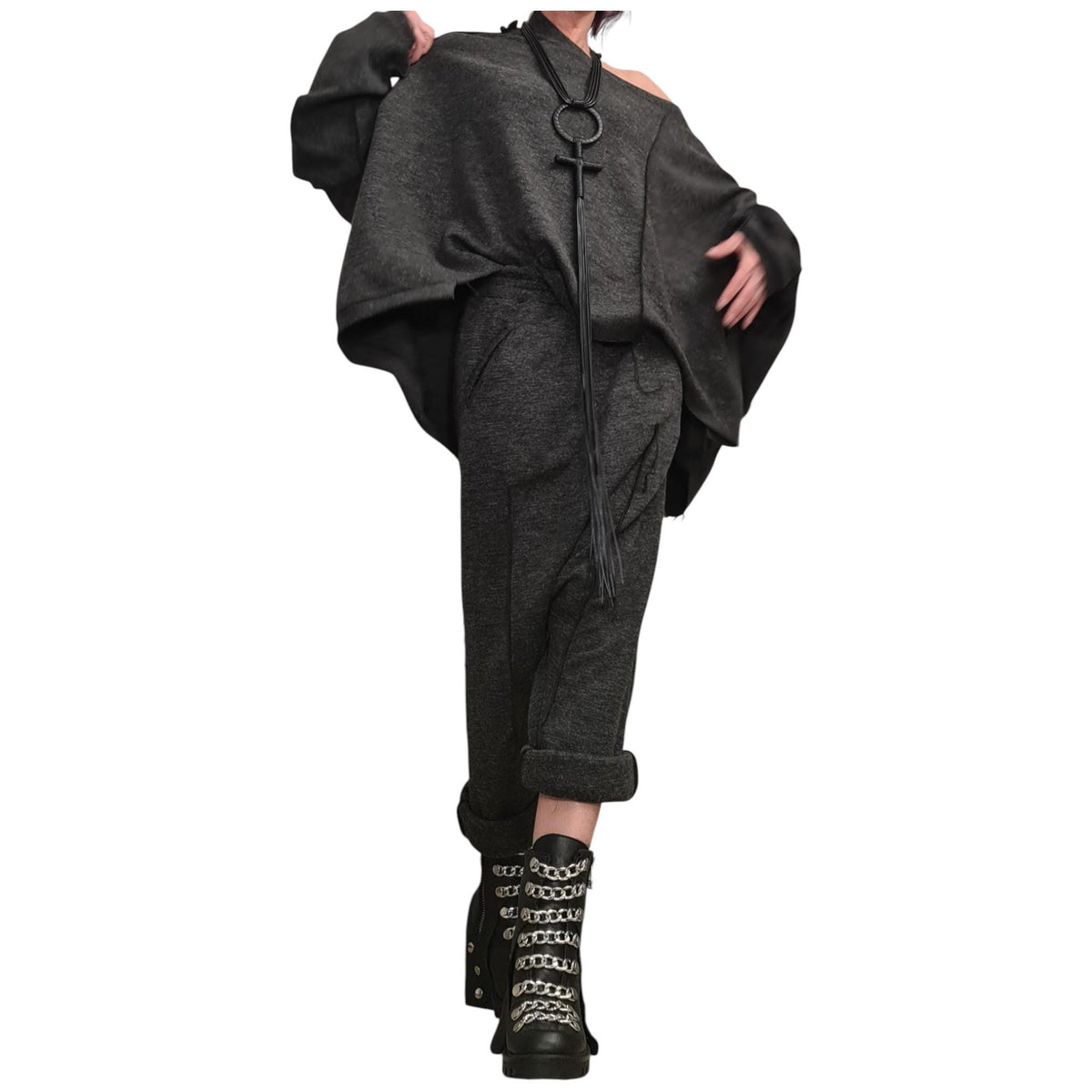 Orange Knit Deep Drop Crotch Harem Pants, Oversized Asymmetrical Blouse, Raw Edges, Co-Ord Set