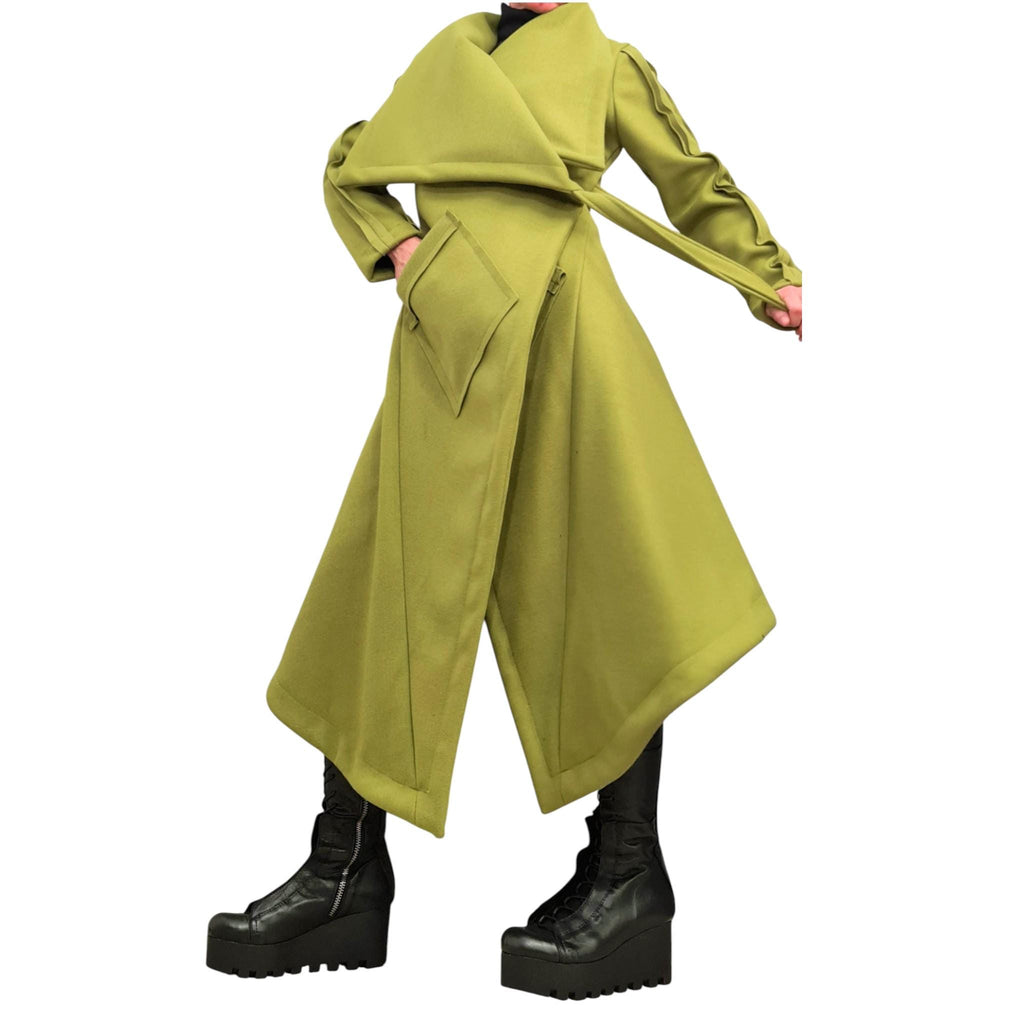 Pistachio Asymmetric Wool Blend Trench Coat, Oversized Wrap Design with Belt, Plus Size