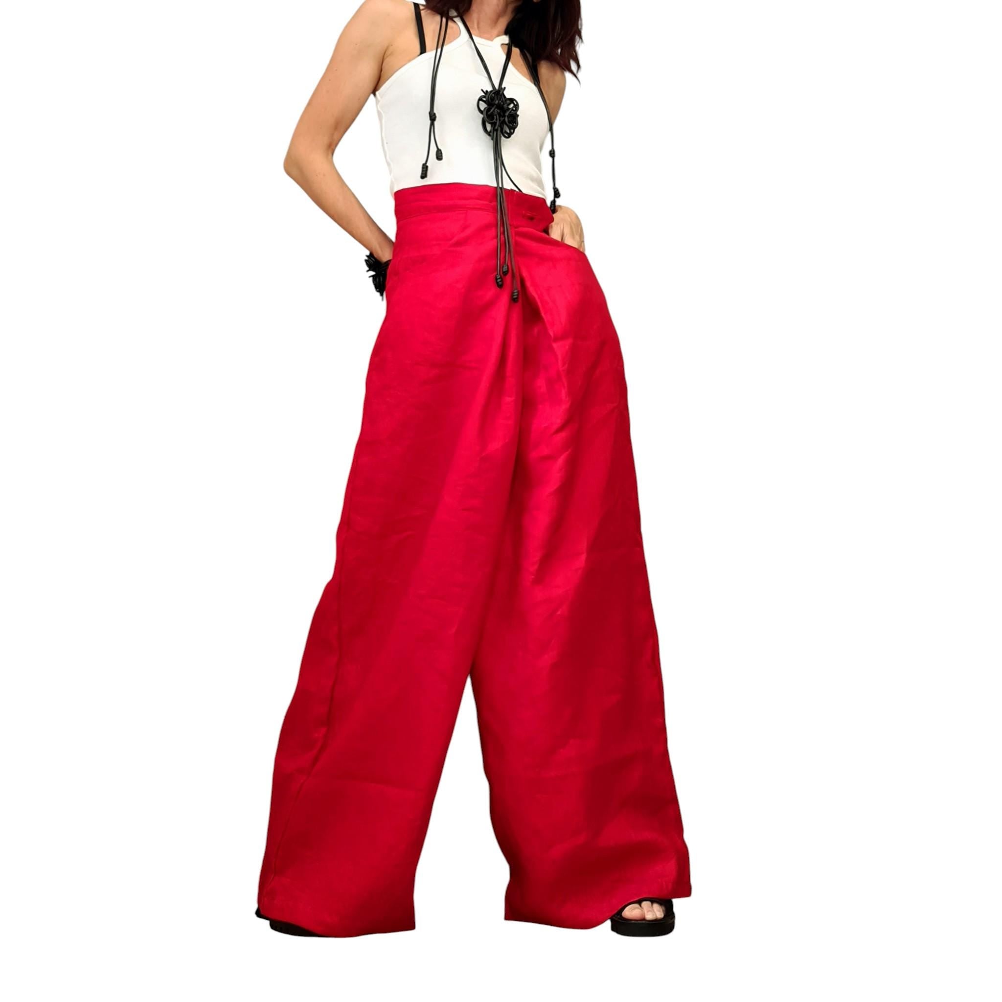 Red Wide Leg Linen Pants, Adjustable Waist Wrap Design, Avant Garde Oversized Trousers