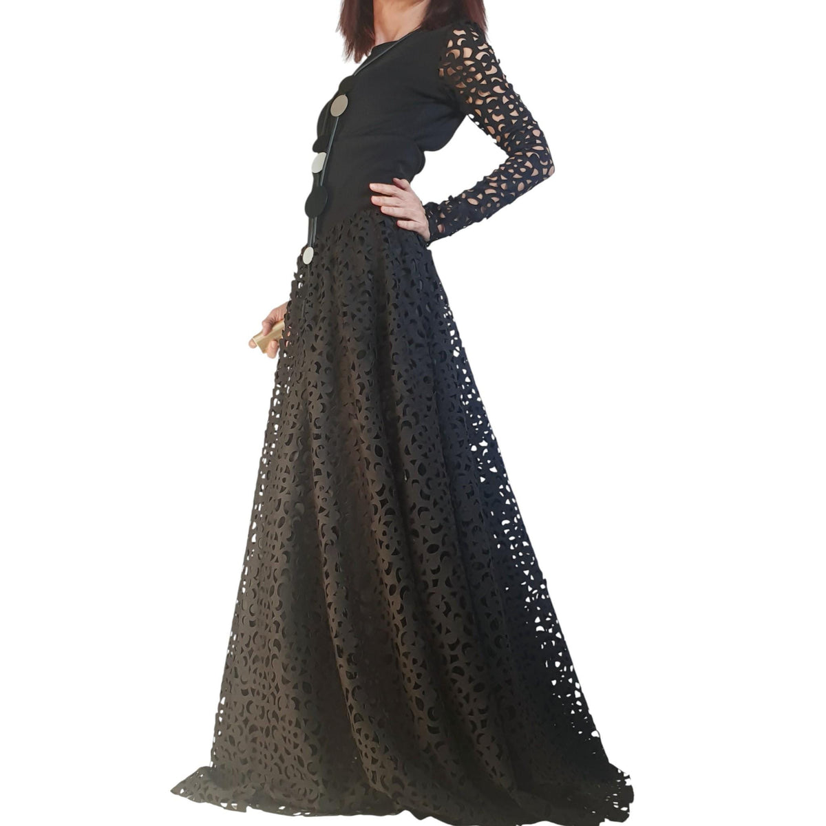 Avant-garde Black Gothic Maxi Skirt Dress, Neoprene Circle Skirt