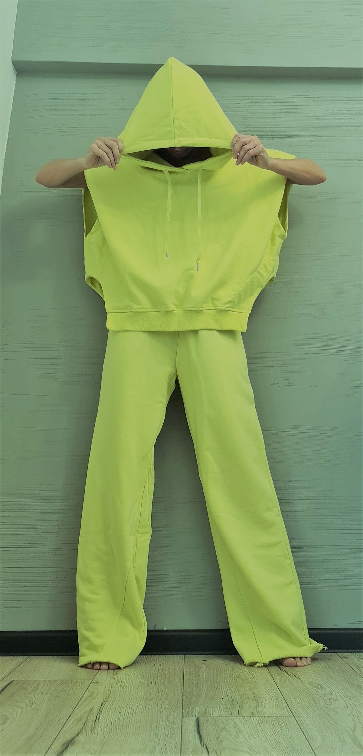 Lime Cotton Wide Leg Pants, Oversized Asymmetrical Hooded Blouse, Loose Fit Two-Piece Co-Ord Set