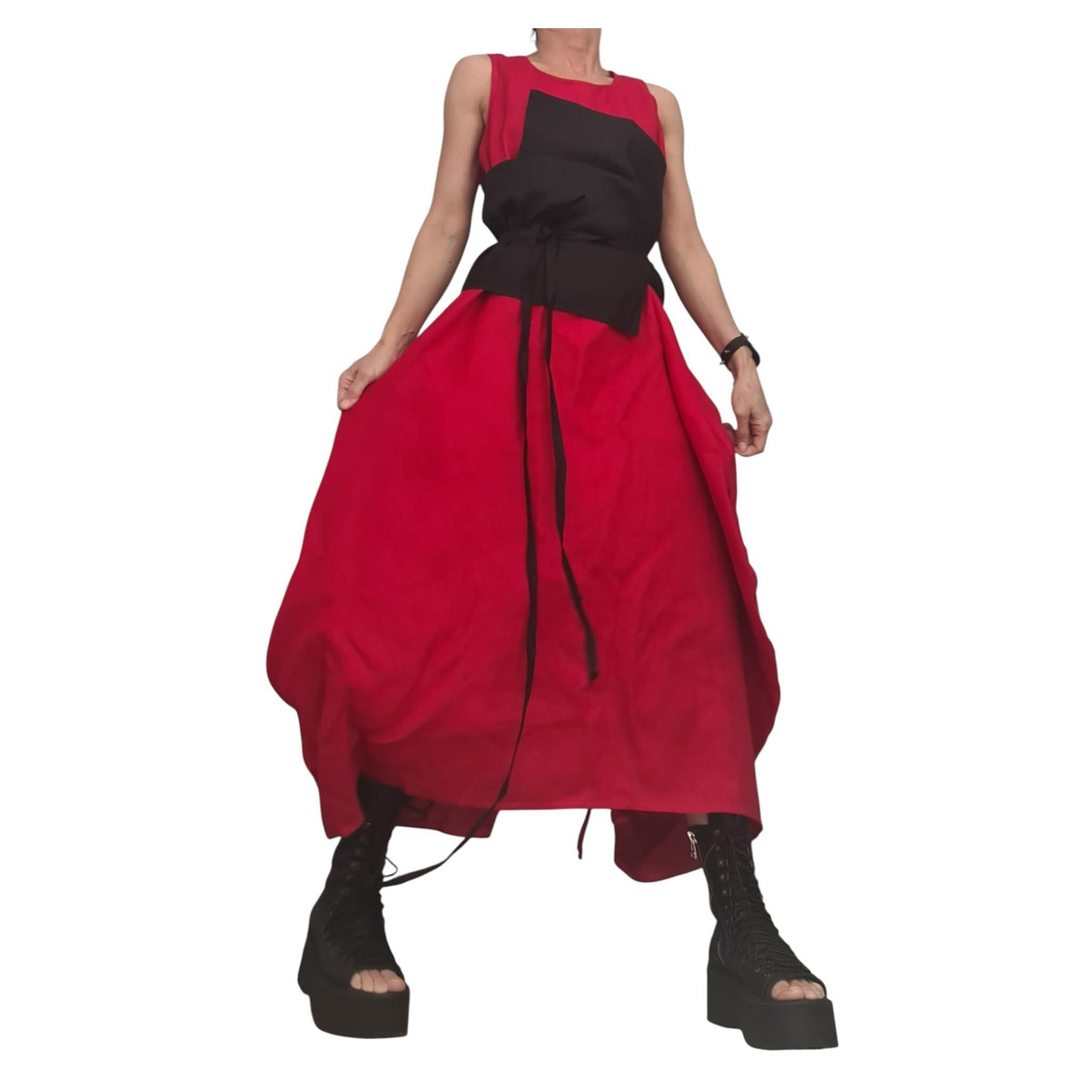 Red Linen Maxi Dress, Corset Detail, Sleeveless Oversized Kaftan, Dress for women