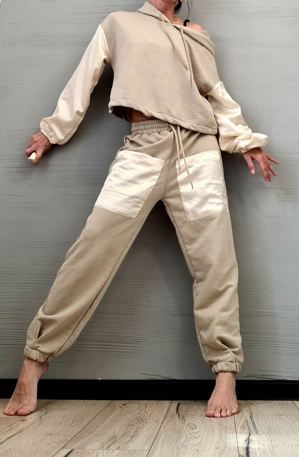 Beige Cotton Jogger Pants, Satin Patch Pockets, Oversized Off Shoulder Hoodie, Two-Piece Co-Ord Set