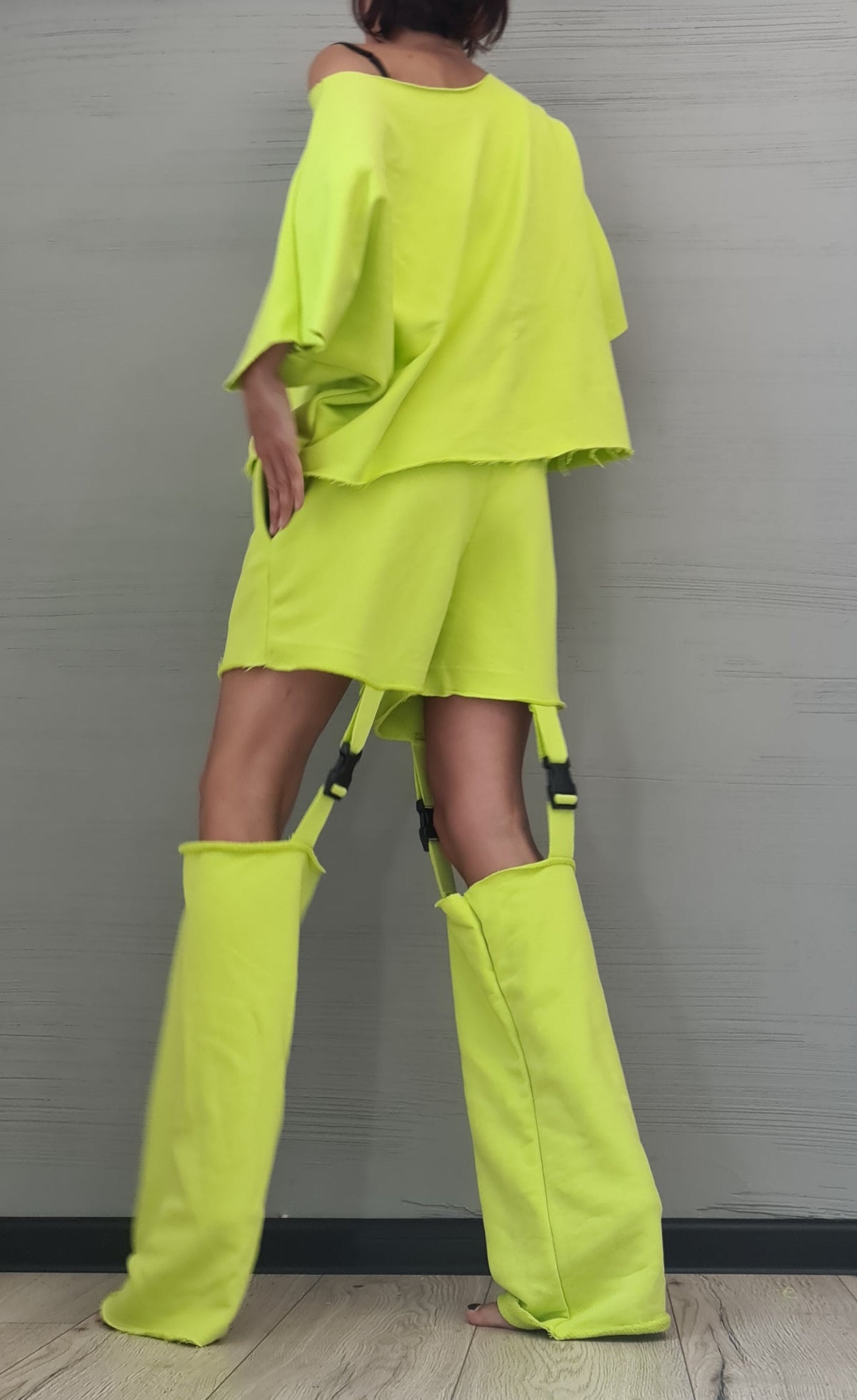 Lime Asymmetrical Blouse, Shorts with Detachable Pant Legs, Convertible Co-Ord Set