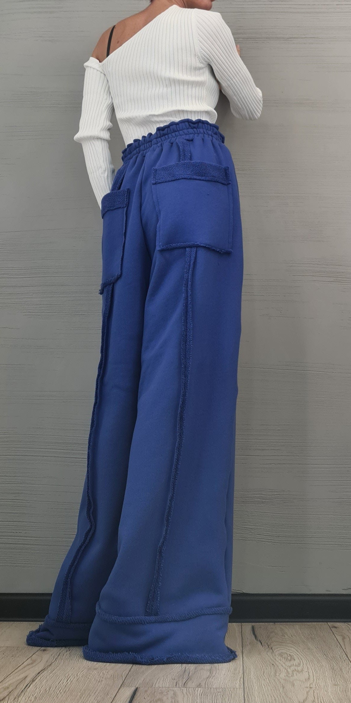 Royal Blue Cotton Pants, French Terry Wide Leg, Drop Crotch Trousers, Plus Size