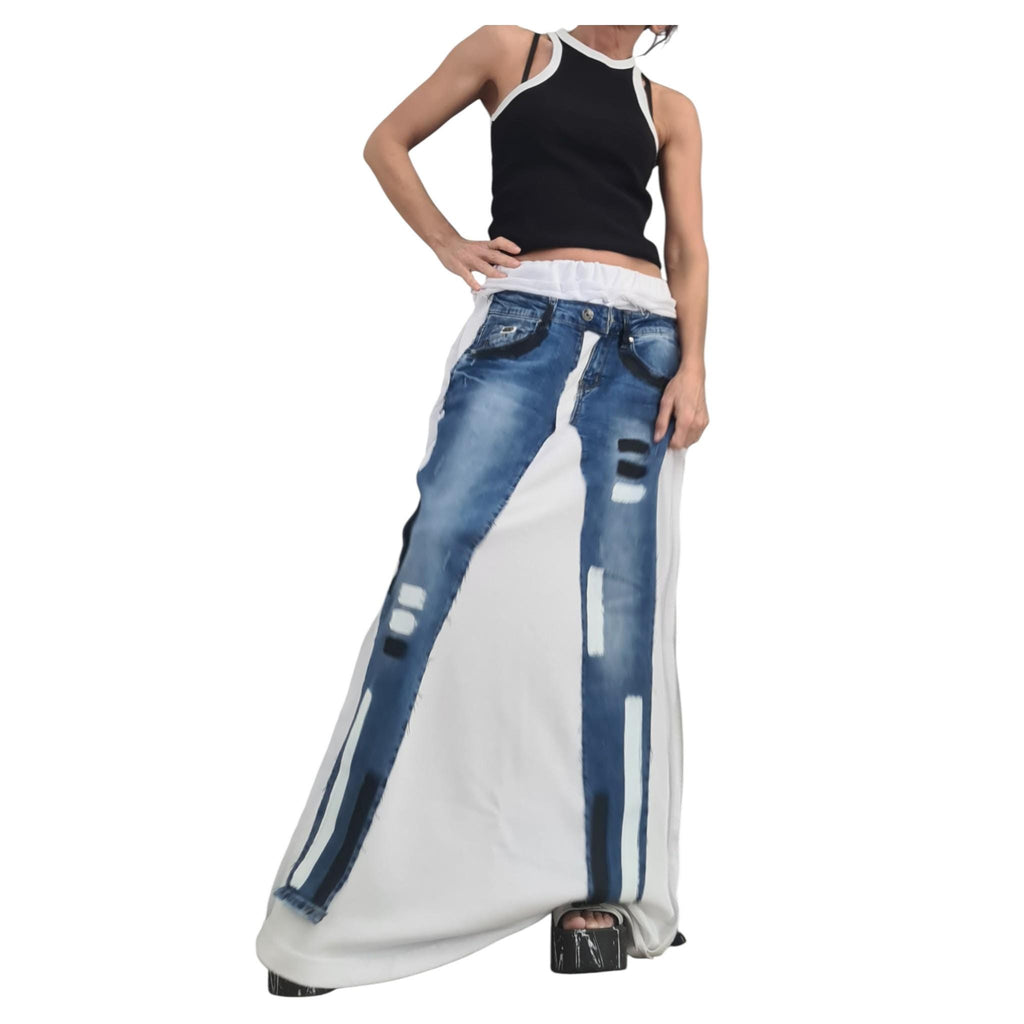 Deconstructed Denim Avant Garde Set, Hooded Short Cotton Sweatshirt, Long Skirt
