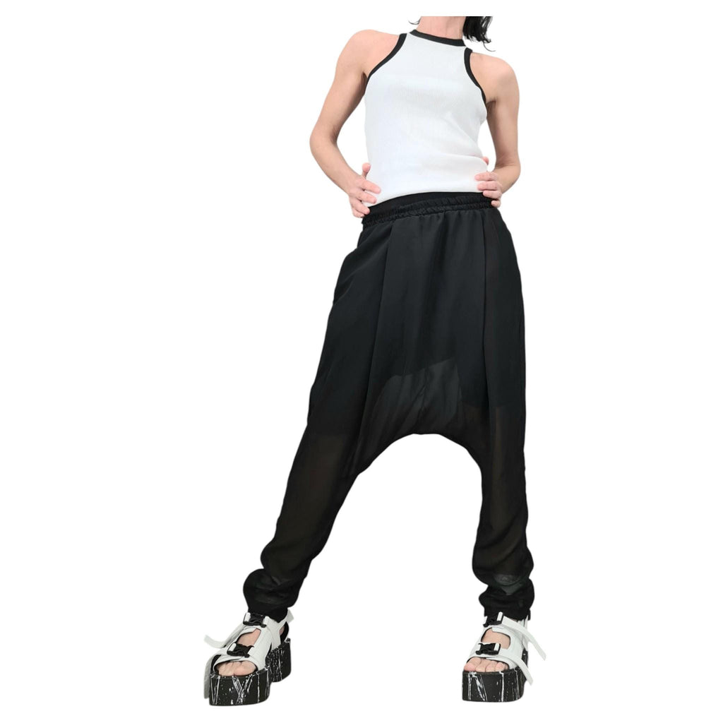 Black Chiffon Harem Pants, Sheer Overlay, French Terry Inner Shorts, Tapered Leg